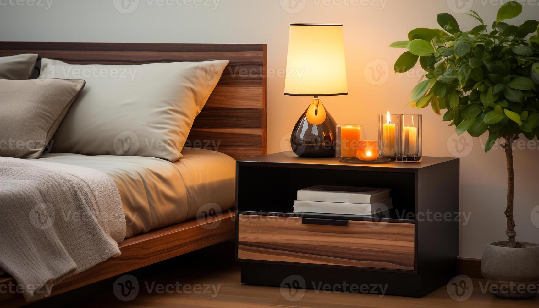 ai generato accogliente Camera da letto con moderno disegno, confortevole letto, e elegante arredamento generato di ai foto