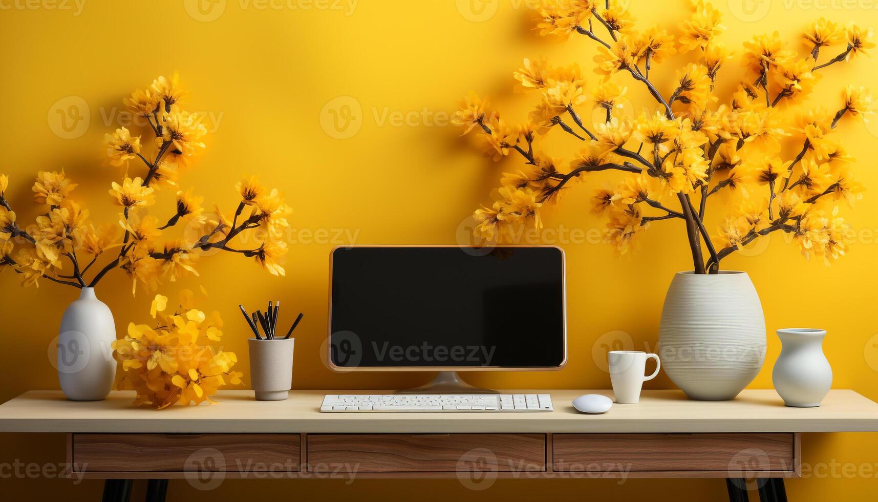 ai generato moderno ufficio design con giallo fiore su di legno scrivania generato di ai foto