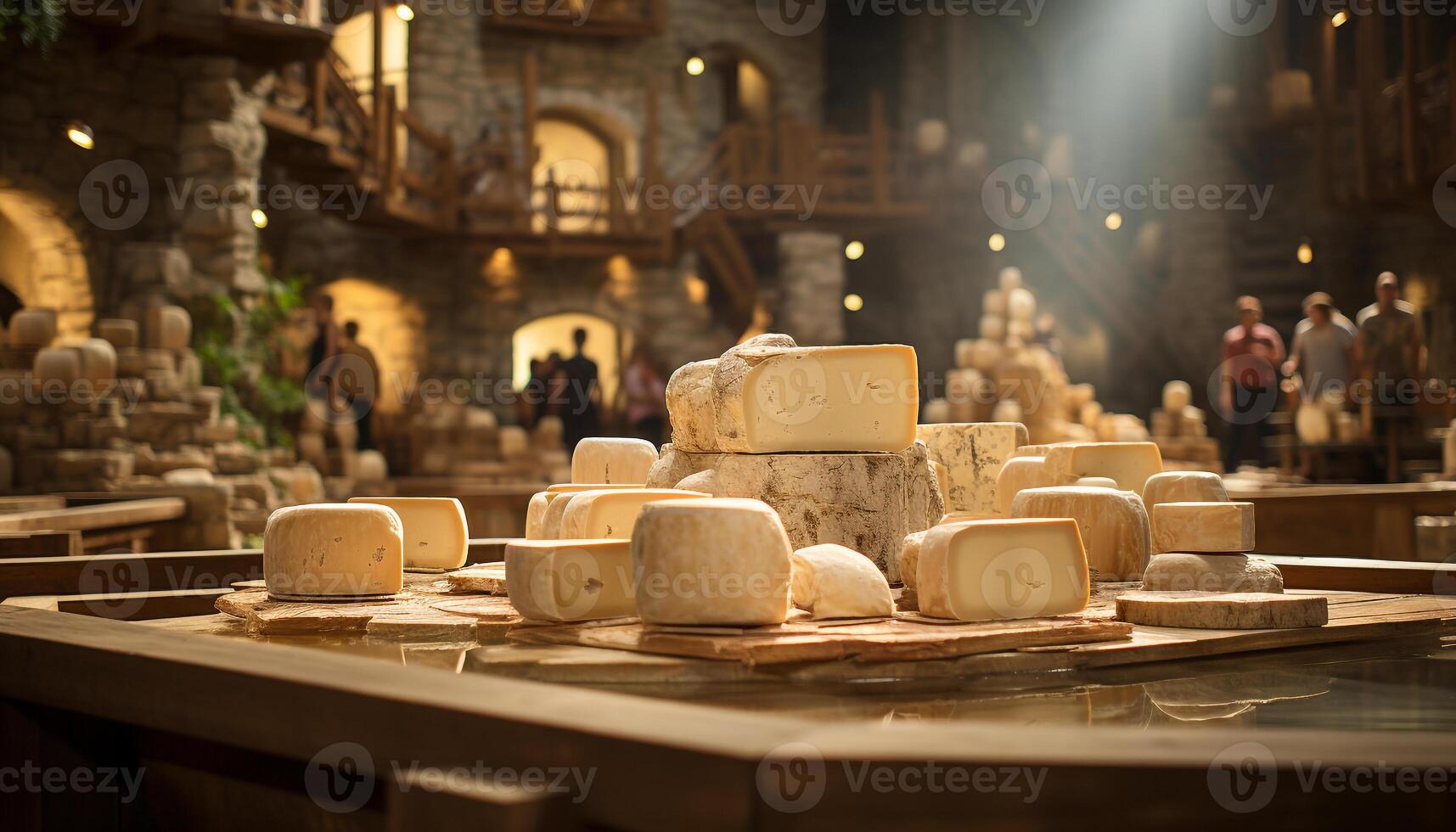 ai generato buongustaio culture pila Di legno, tavolo latticini, italiano, francese, svizzero gastronomia generato di ai foto