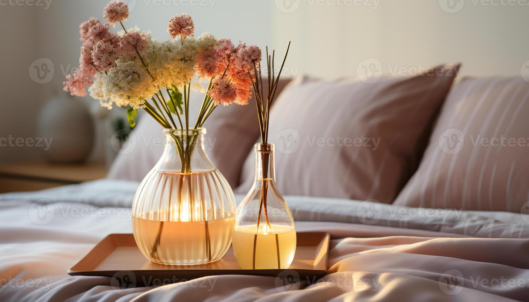 ai generato confortevole letto con moderno arredamento, fresco fiori, e elegante lampada generato di ai foto