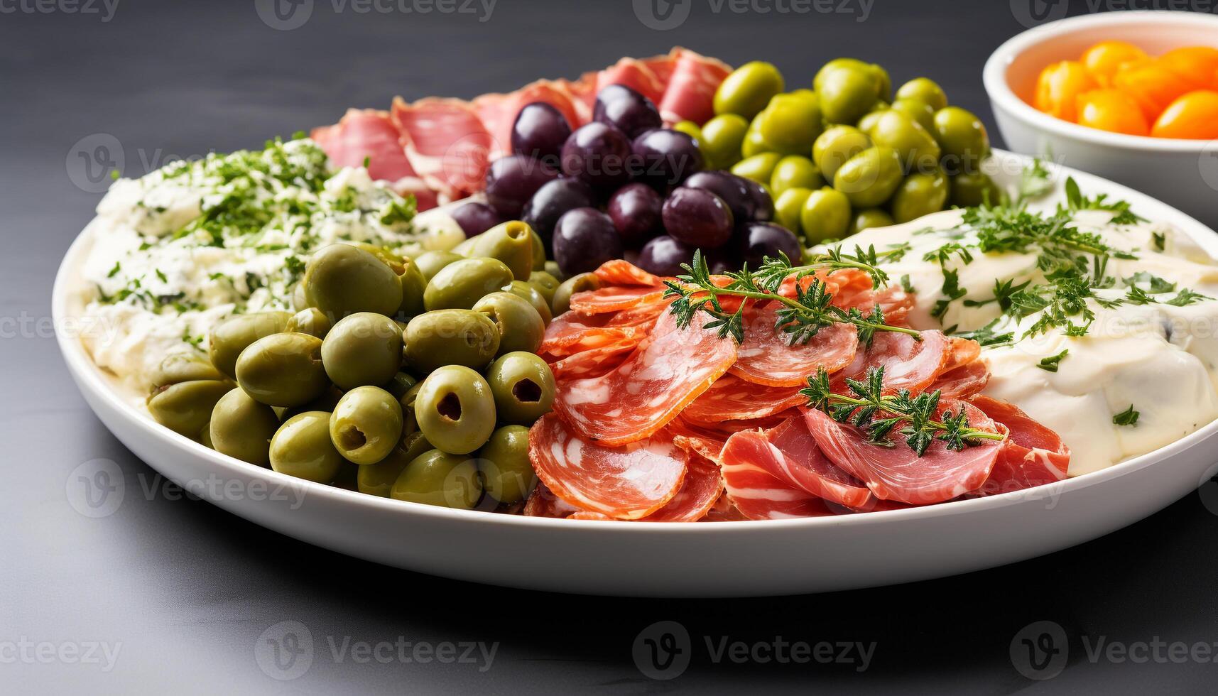 ai generato freschezza e varietà su un' piatto carne, frutta, pane, insalata generato di ai foto