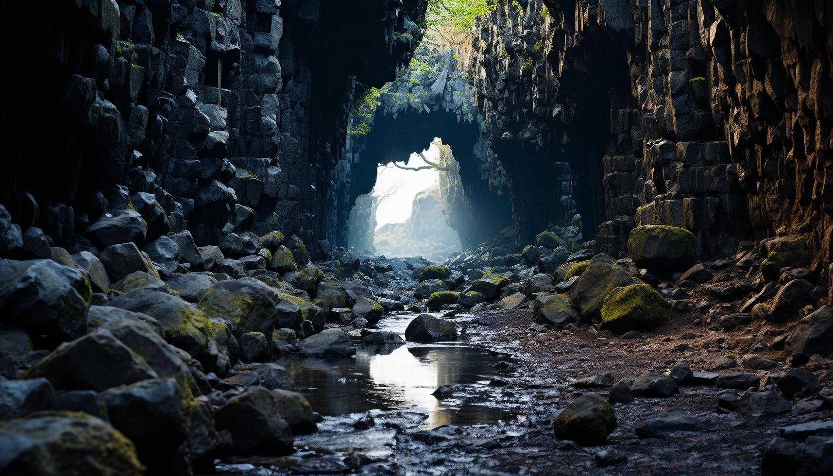 ai generato misterioso roccia formazioni flusso nel tranquillo montagna burrone generato di ai foto