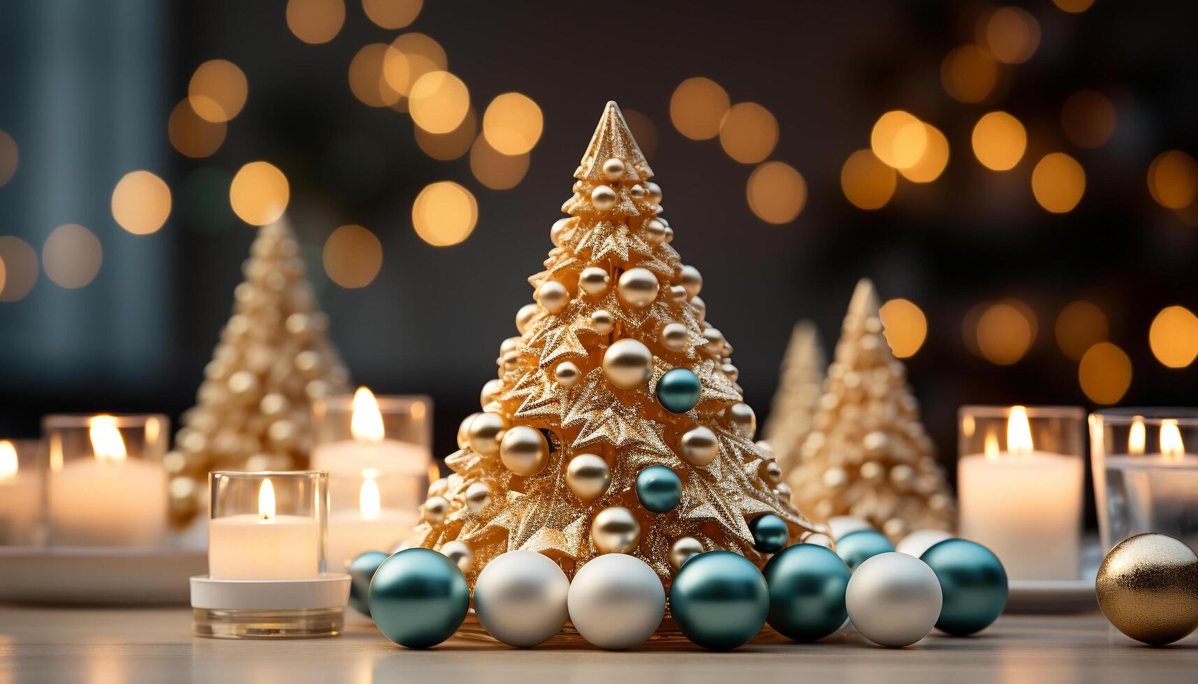 ai generato Natale albero raggiante con luminosa Natale luci, circondato di decorazioni generato di ai foto