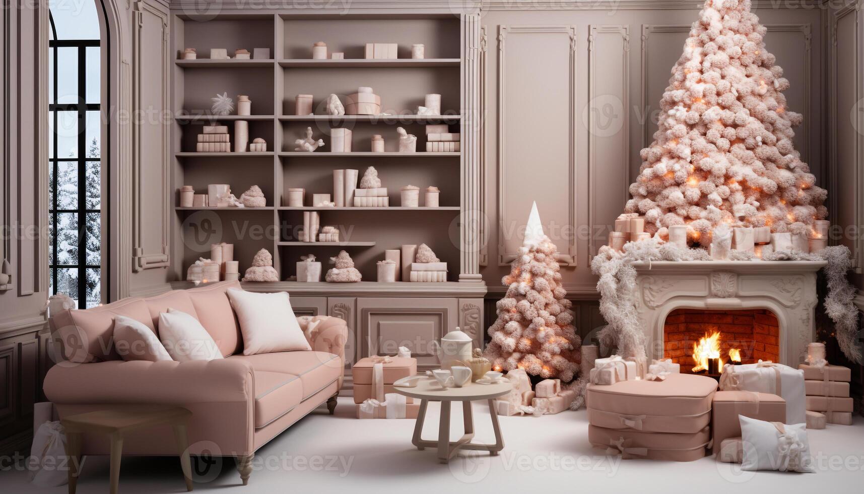 ai generato confortevole moderno vivente camera con illuminato Natale albero e accogliente divano generato di ai foto