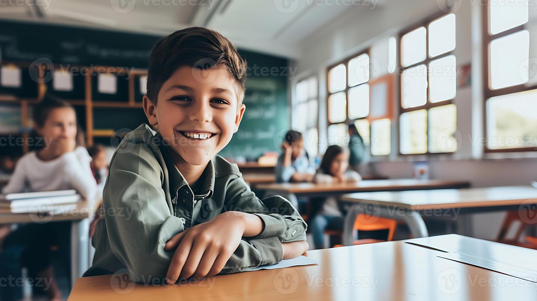 ai generato giovane ragazzo seduta a aula scrivania. generativo ai. foto