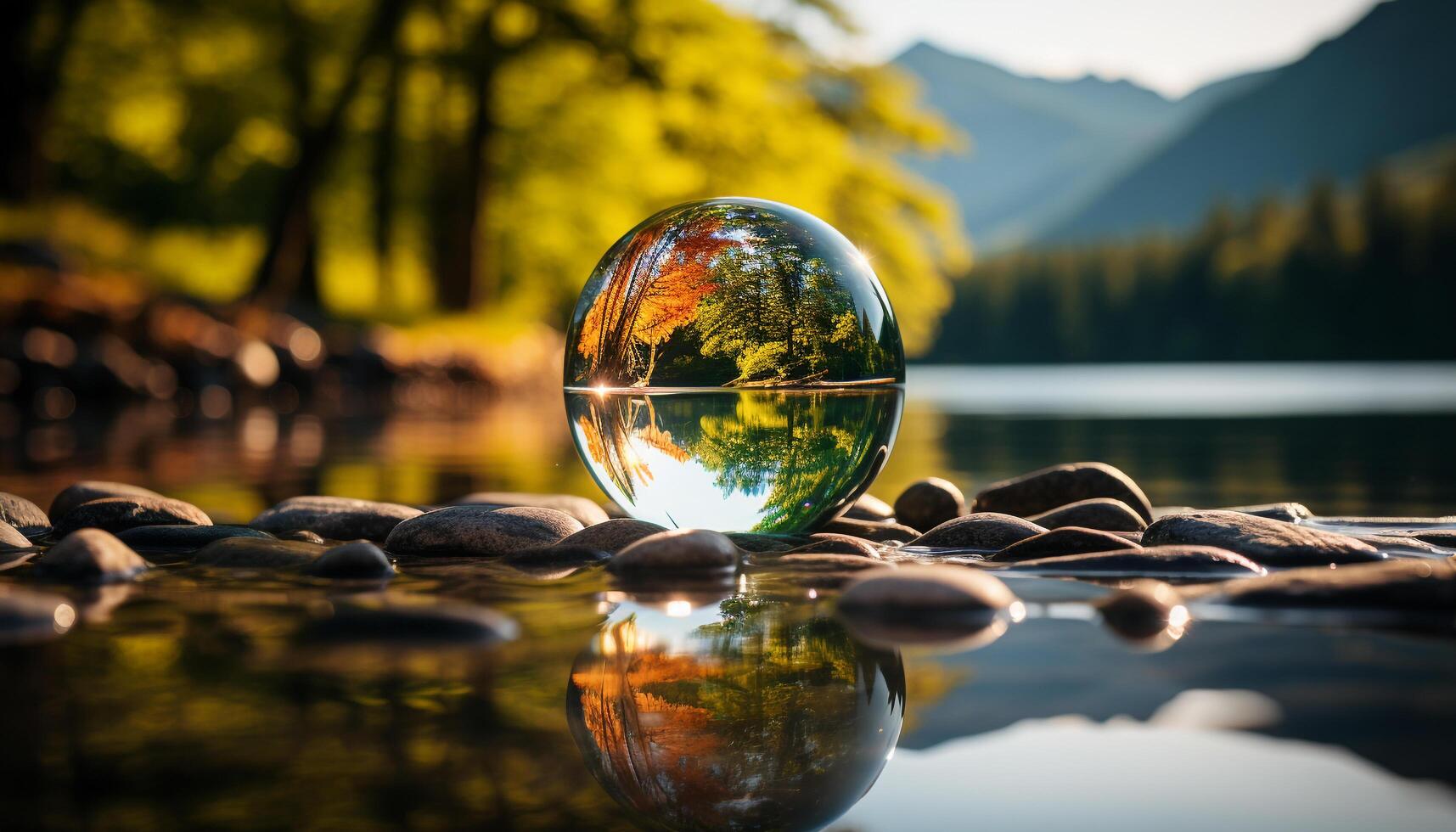 ai generato tranquillo scena acqua riflette autunno foresta, verde foglie, e bellezza generato di ai foto