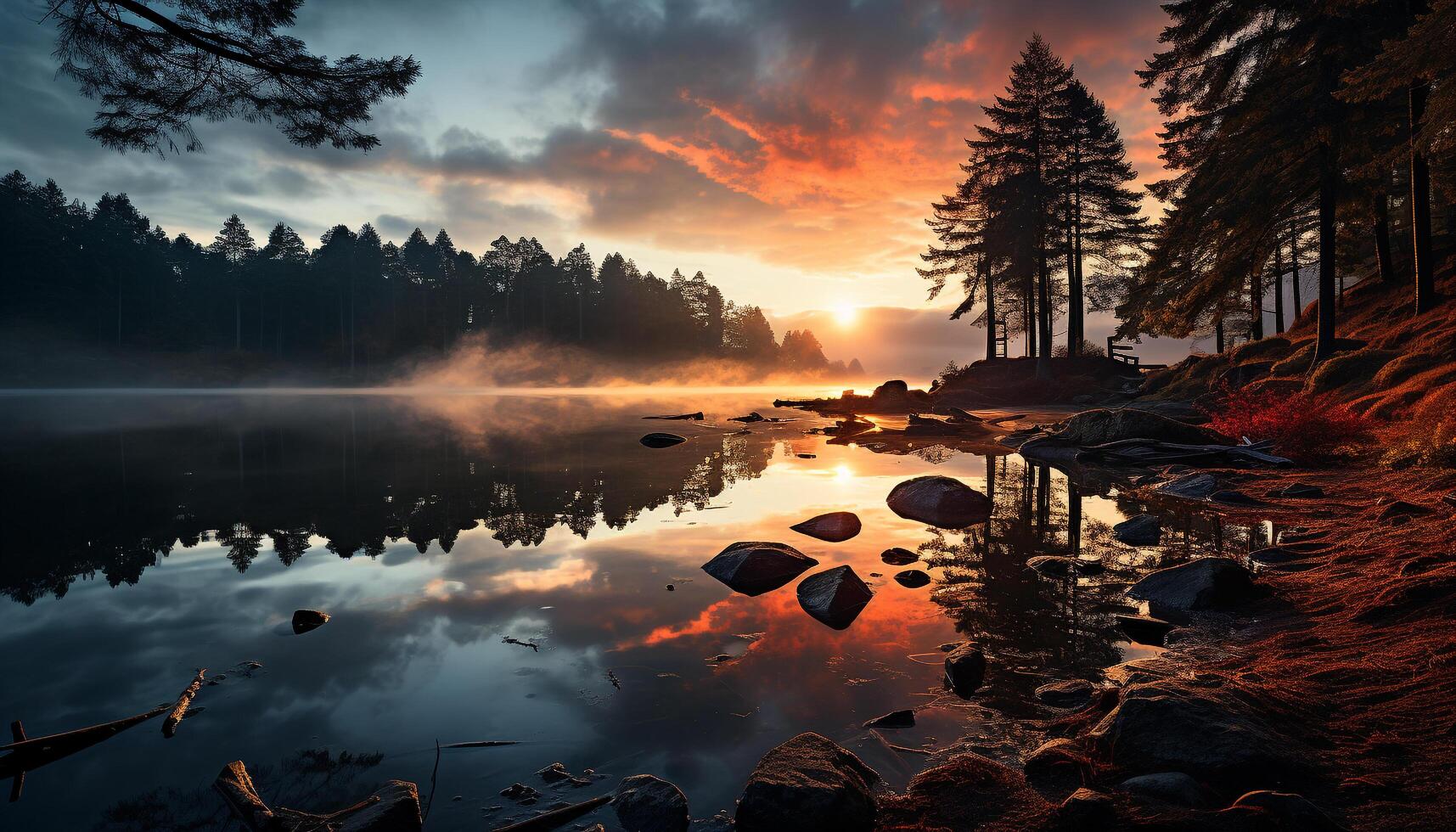 ai generato tranquillo autunno tramonto riflette su acqua, natura sereno bellezza generato di ai foto