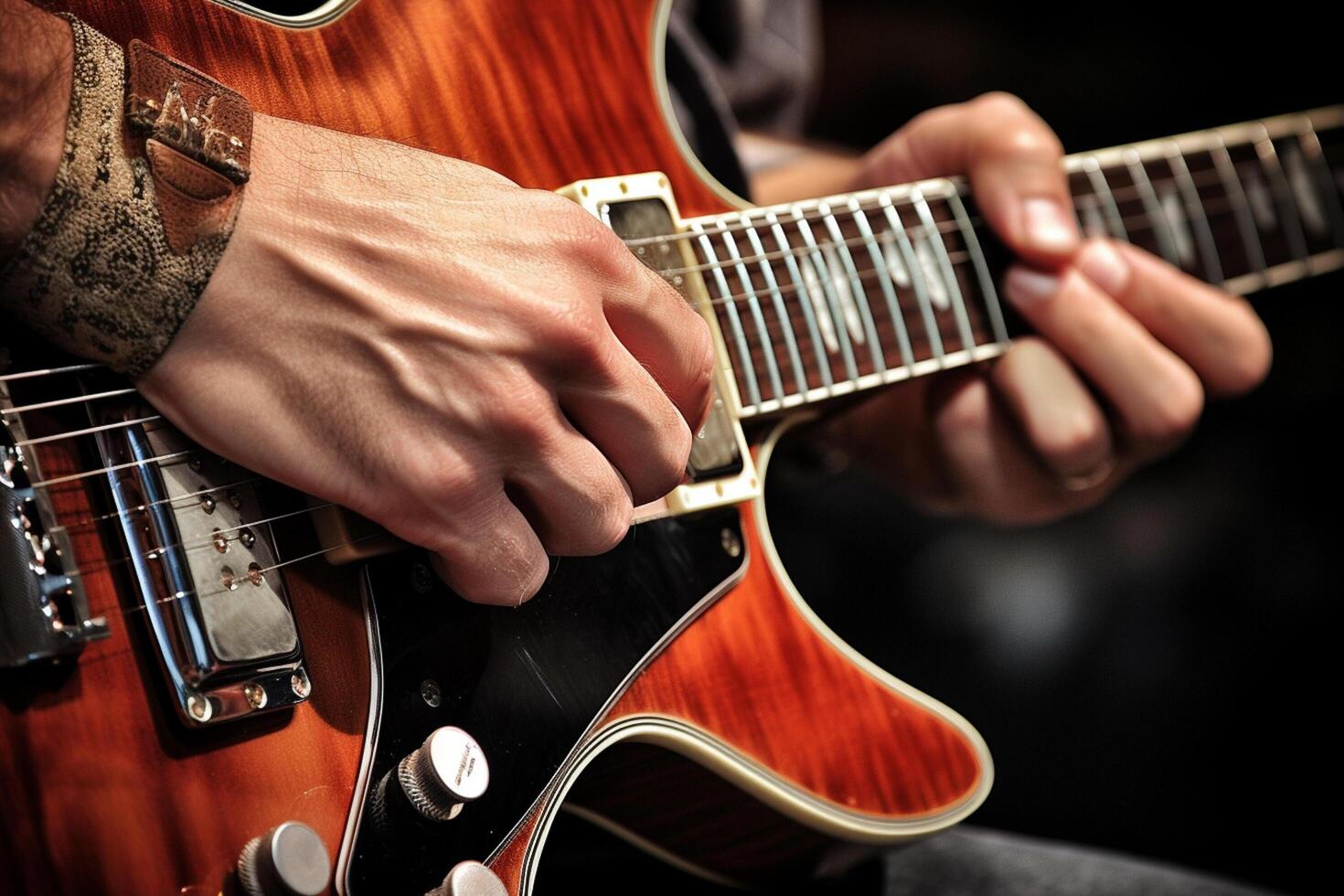 ai generato vicino su di mano giocando elettrico chitarra foto