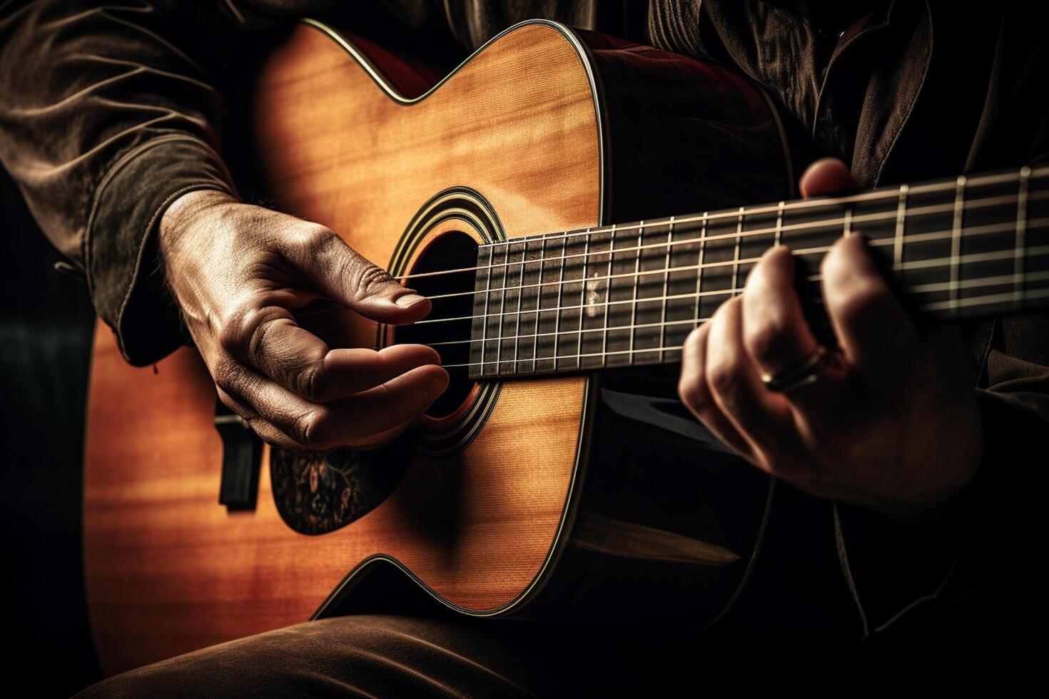 ai generato vicino su di mano giocando acustico chitarra foto