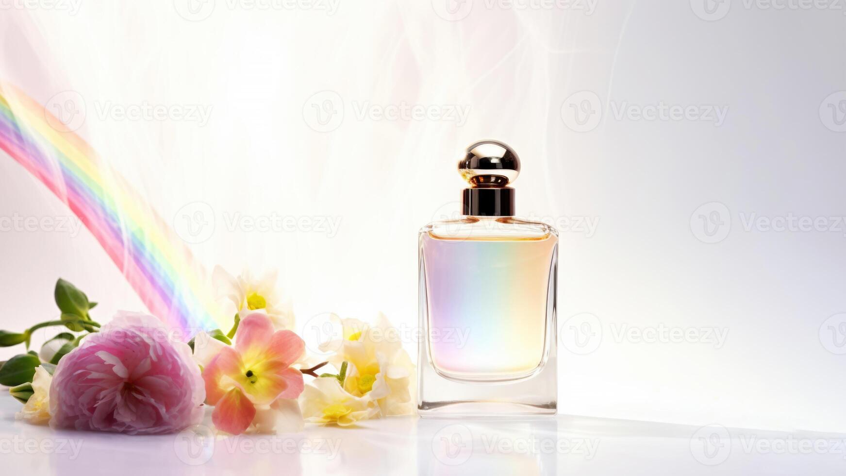 ai generato arcobaleno leggero riflettendo su profumo bottiglia foto