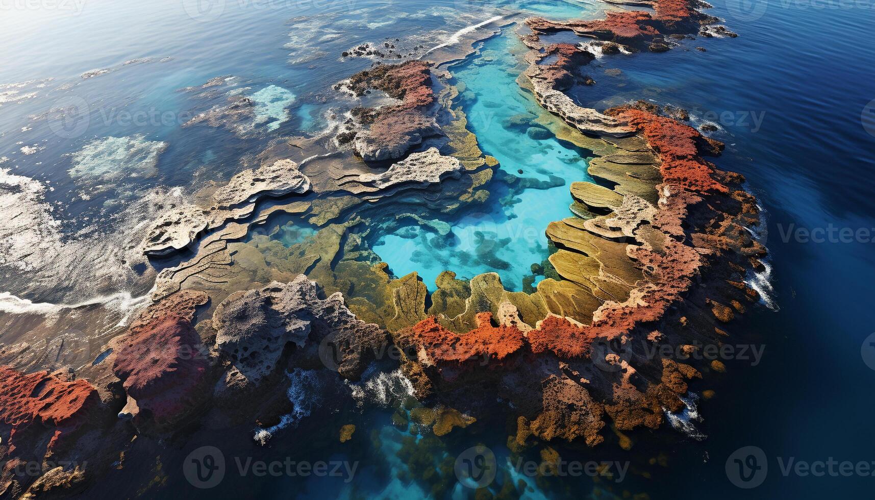 ai generato un' maestoso aereo Visualizza di un' tropicale costa, blu acque, e colorato corallo scogliera generato di ai foto