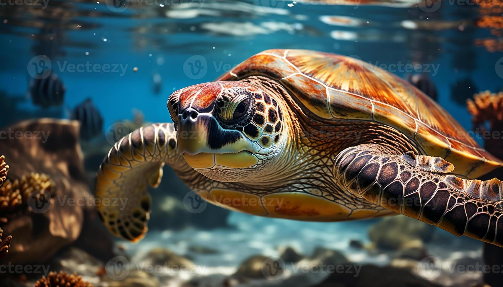 ai generato un' bellissimo mare tartaruga nuoto nel il blu oceano generato di ai foto