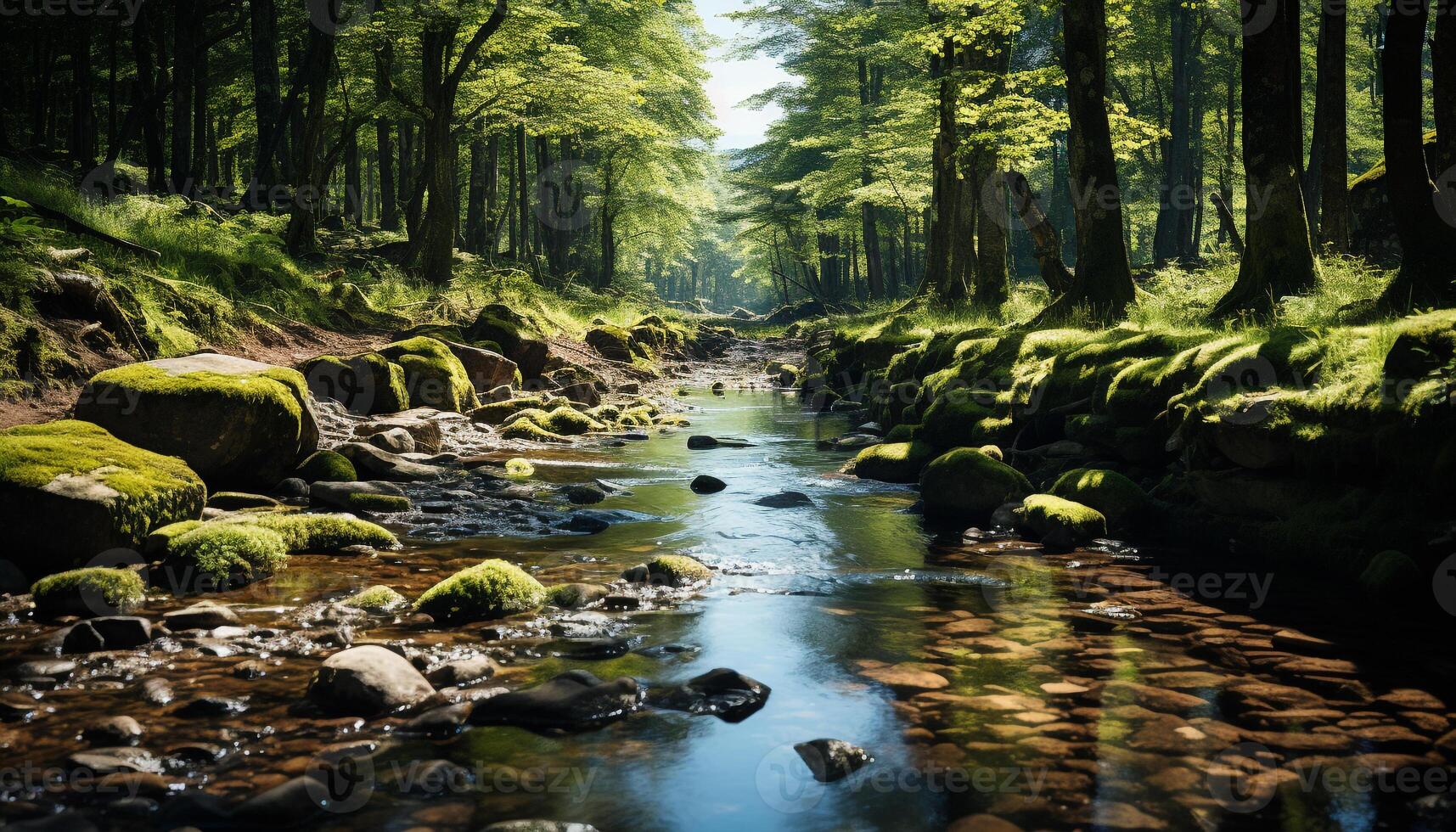 ai generato tranquillo scena fluente acqua, verde alberi, e roccioso montagne generato di ai foto