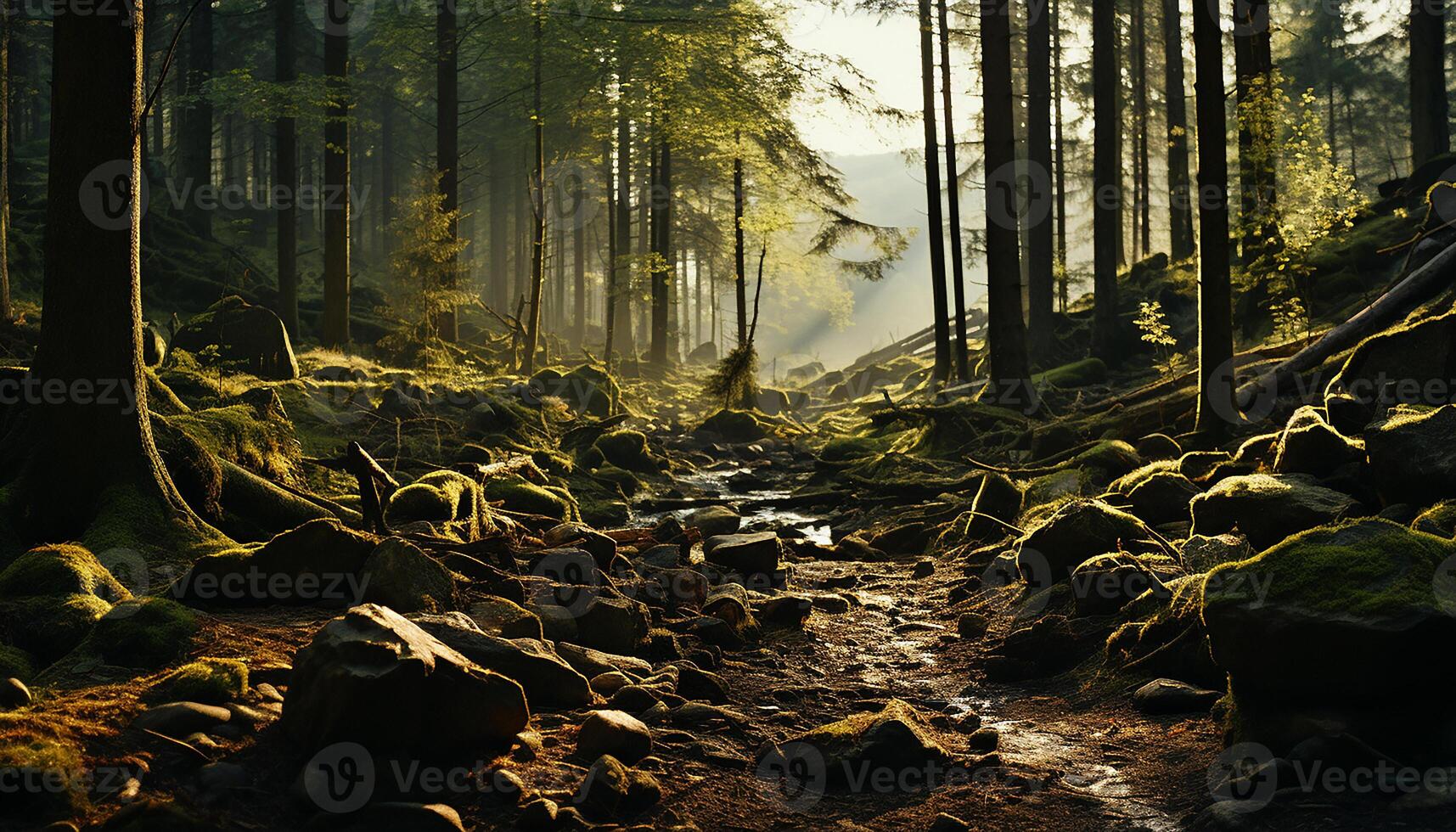 ai generato tranquillo scena autunno foresta, luce del sole attraverso nebbia, natura bellezza generato di ai foto