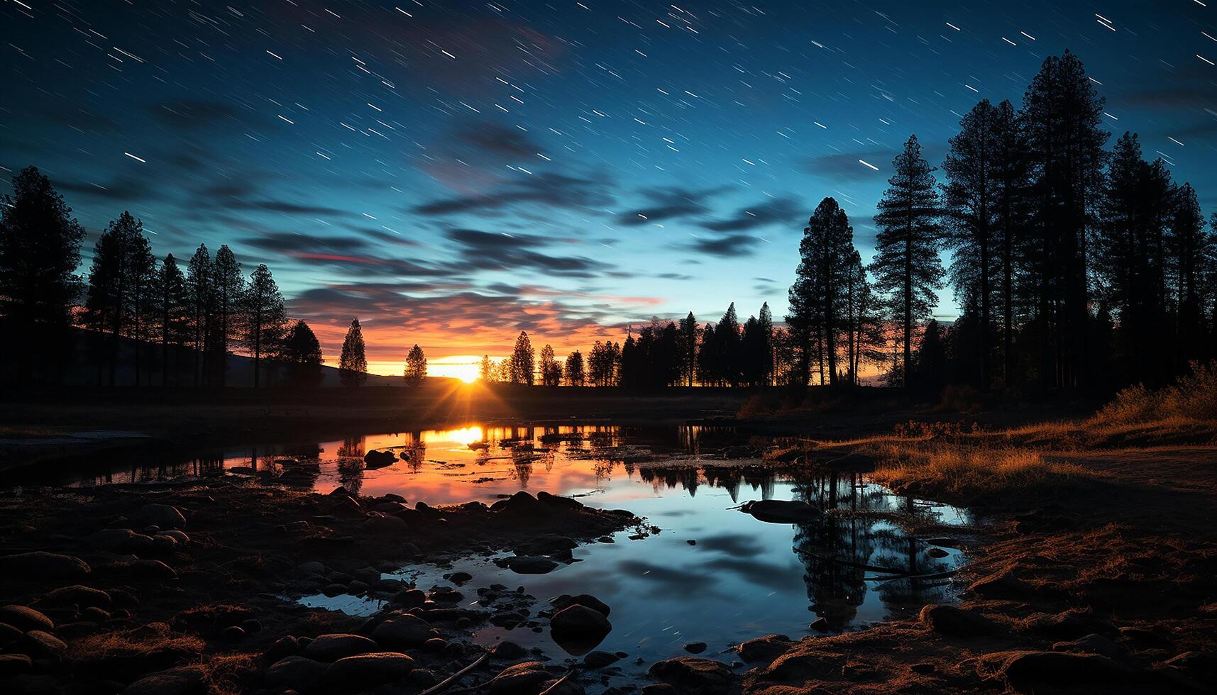 ai generato tranquillo tramonto riflette su acqua, sagome di alberi e montagne generato di ai foto