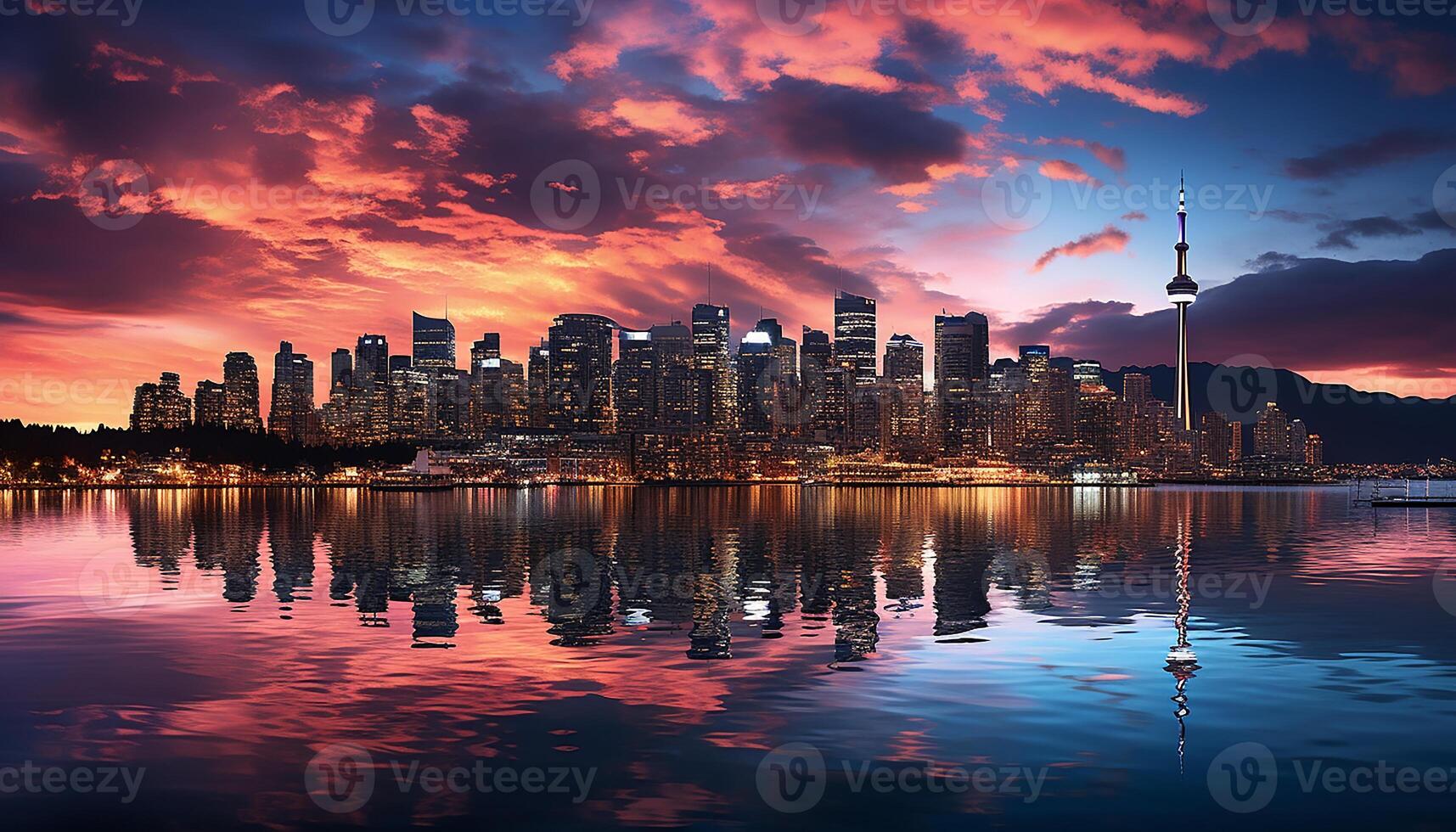 ai generato grattacieli illuminare città orizzonte, riflettendo nel lungomare a crepuscolo generato di ai foto