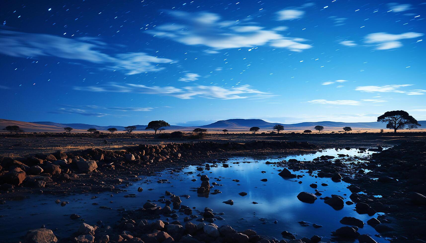 ai generato bellissimo tramonto al di sopra di il africano montagne, riflettendo su tranquillo acqua generato di ai foto