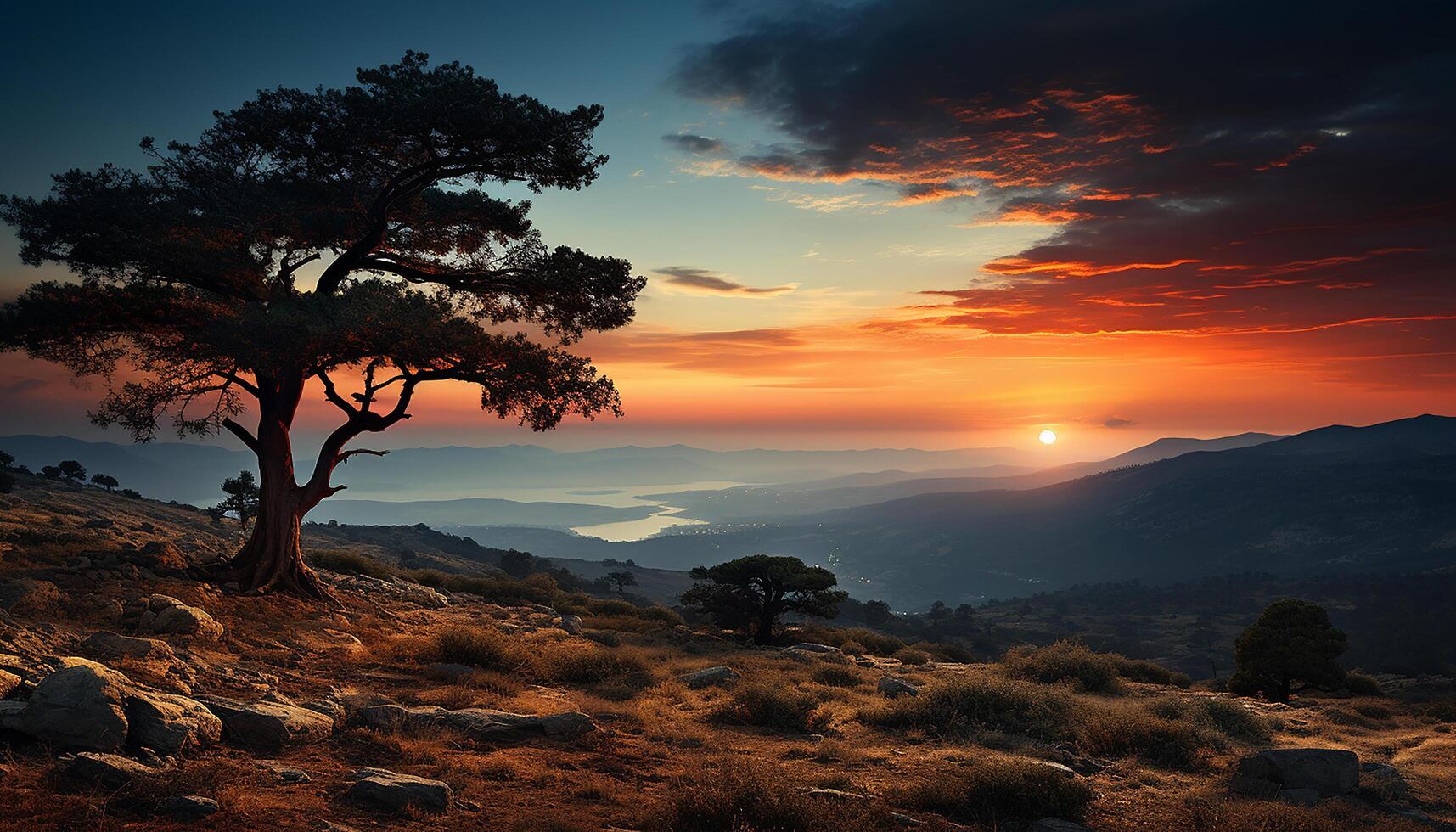 ai generato tramonto al di sopra di il maestoso montagna gamma, un' tranquillo scena di bellezza generato di ai foto