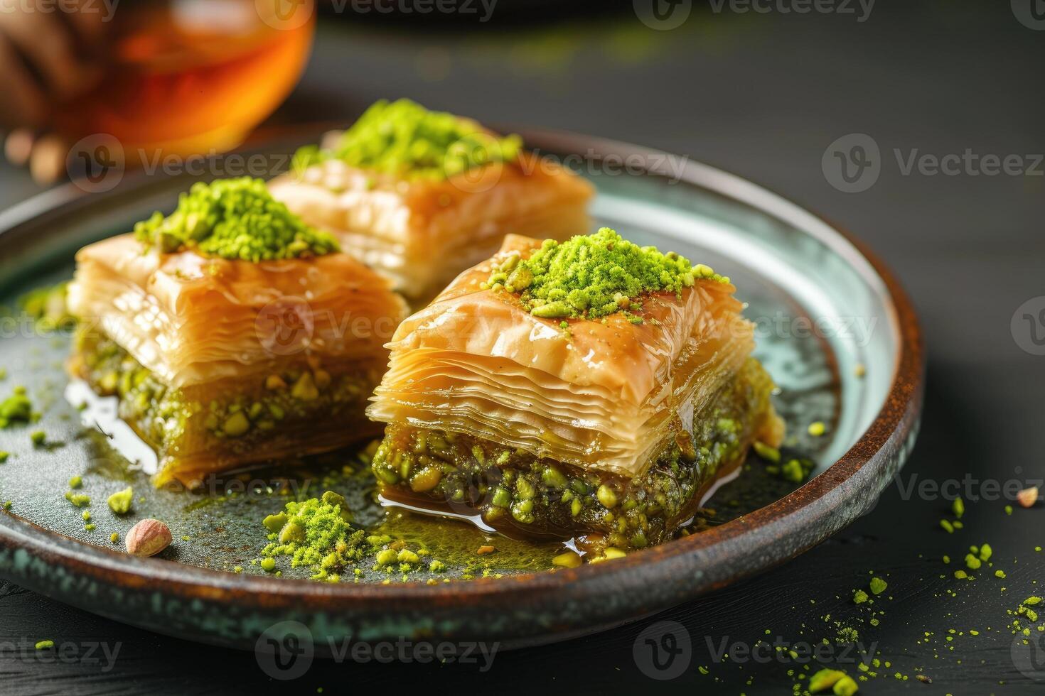 ai generato baklava con pistacchio Noce su piatto, stratificato Pasticcino dolce fatto di Filo Pasticcino, e zuccherato con sciroppo o miele foto