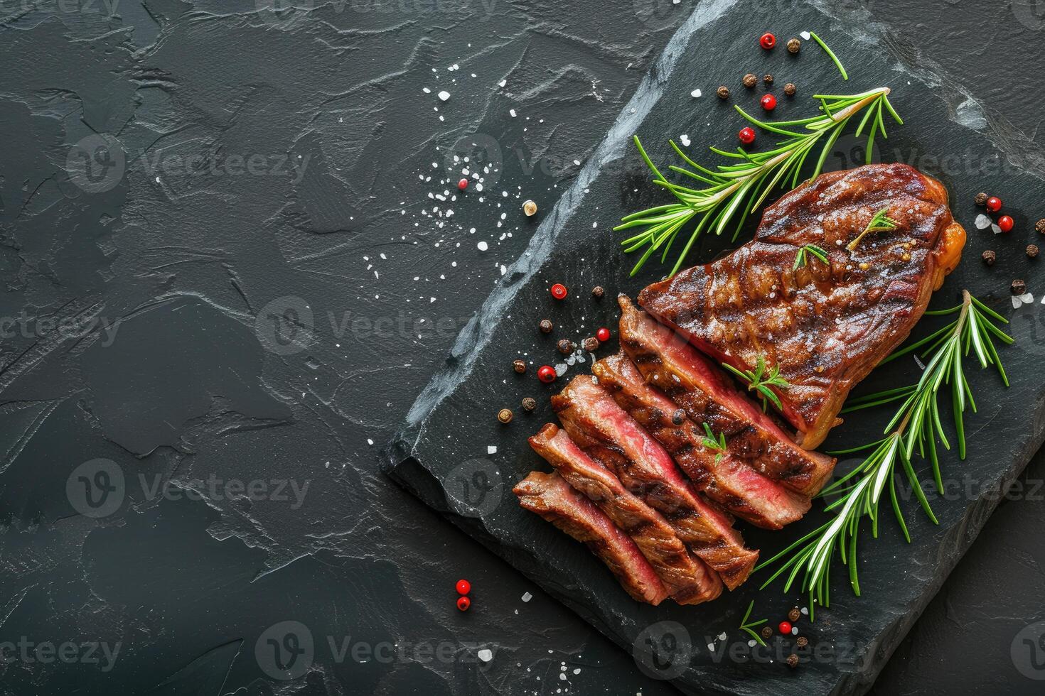 ai generato arrostito Manzo bistecca su buio pietra sfondo con rosmarino erbe aromatiche. superiore vista, generativa ai foto