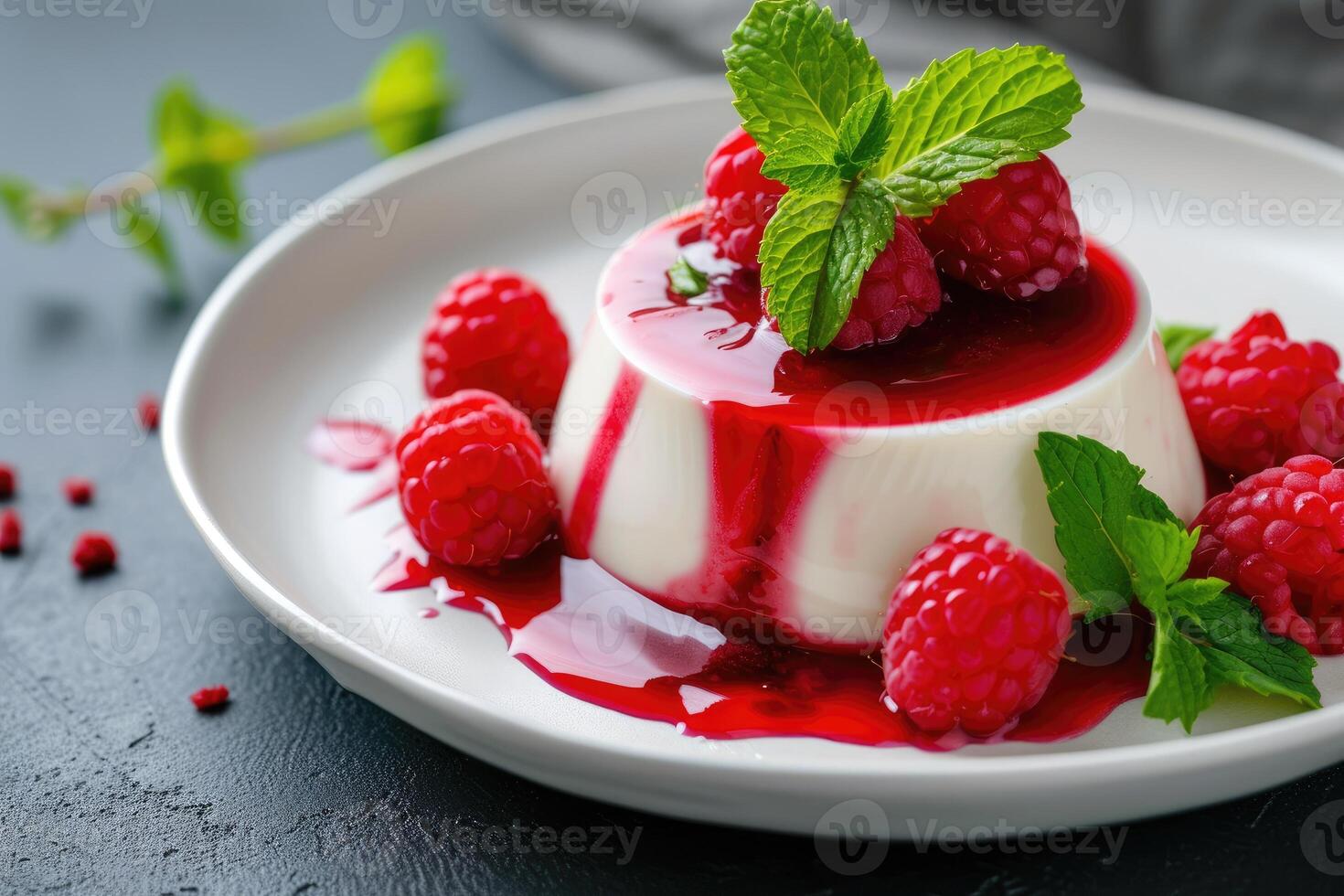 ai generato panna cotta con lamponi salsa e fresco menta. generativo ai foto