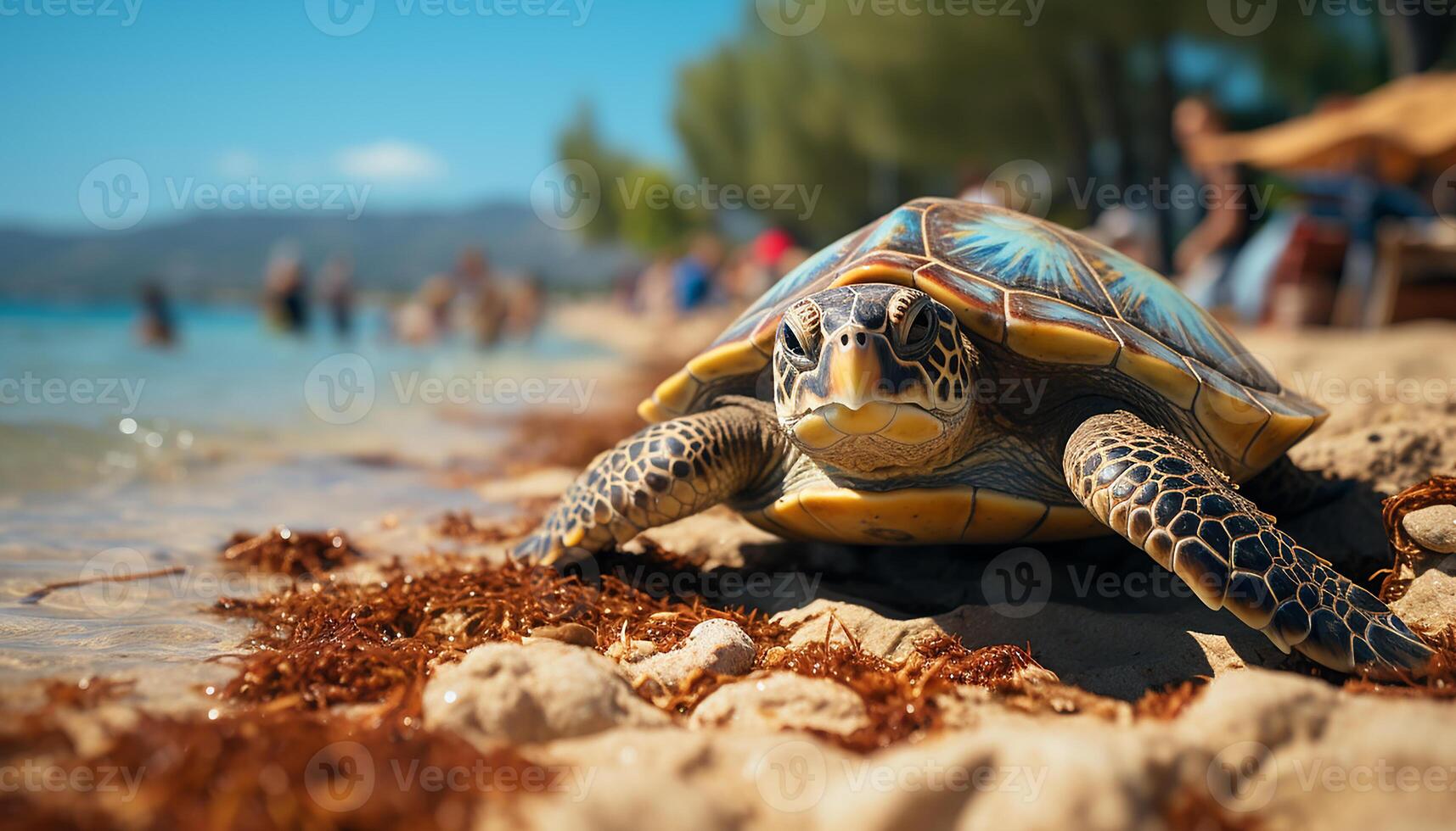 ai generato tropicale tartaruga nuoto nel blu acqua, godendo estate vacanze generato di ai foto