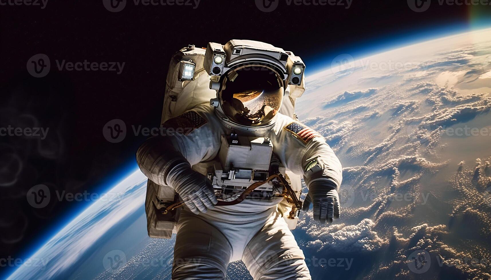 ai generato astronauta nel spazio completo da uomo esplora pianeta nel futuristico navicella spaziale generato di ai foto