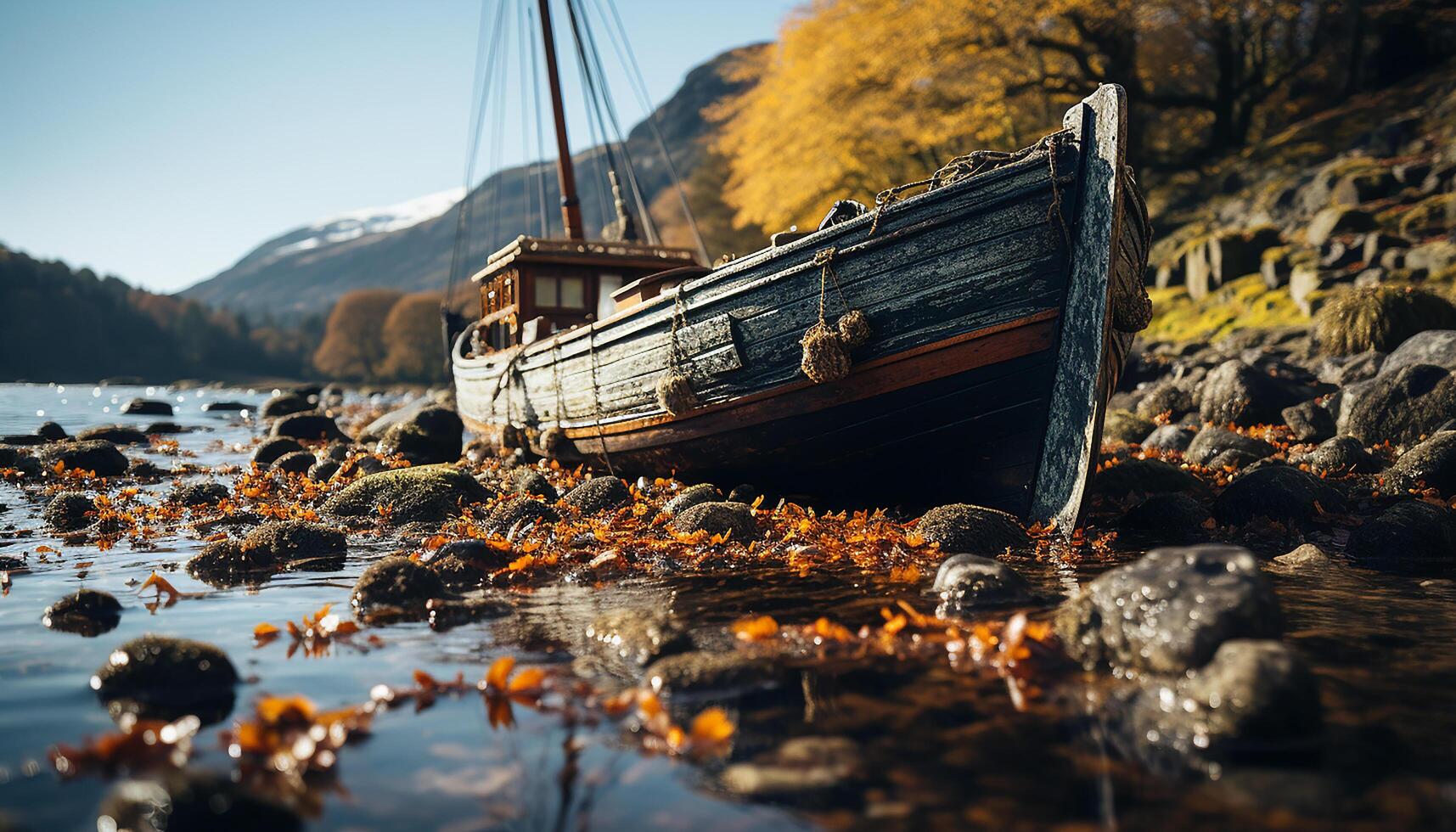 ai generato tranquillo autunno foresta, andare in barca nave riflette bellezza di natura generato di ai foto