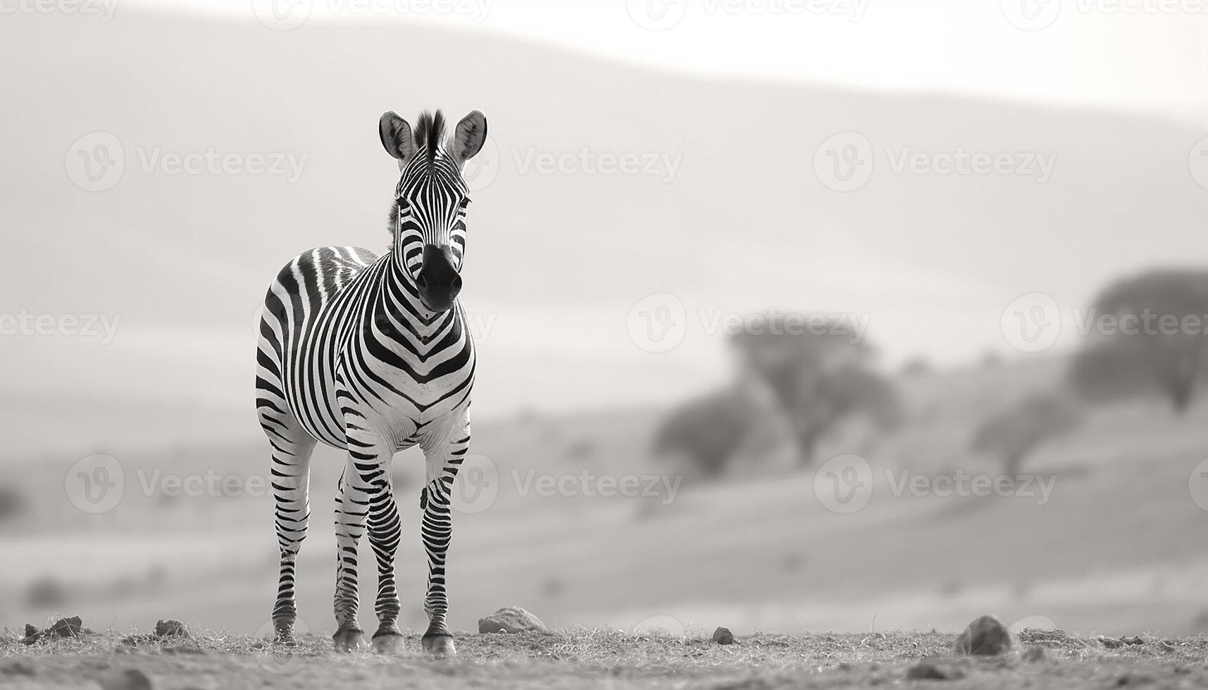 ai generato zebra in piedi nel africano natura selvaggia, guardare a telecamera, a strisce bellezza generato di ai foto