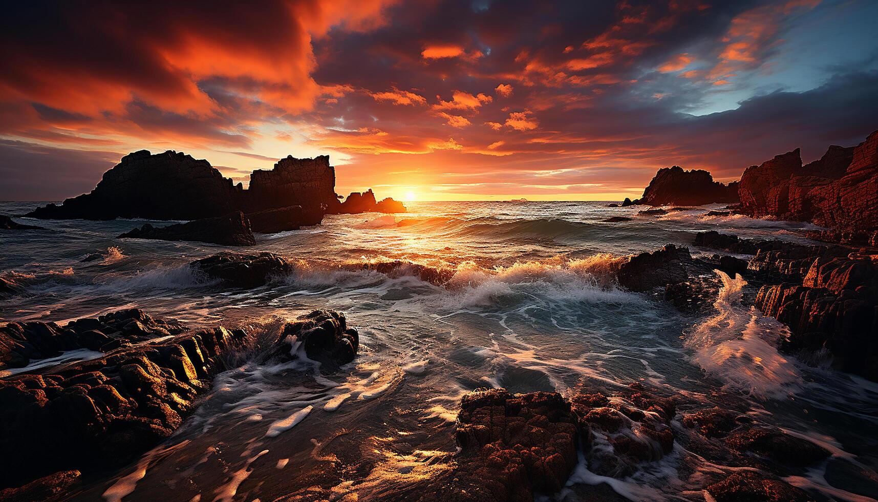 ai generato maestoso tramonto al di sopra di roccioso costa, natura tranquillo bellezza riflessa generato di ai foto