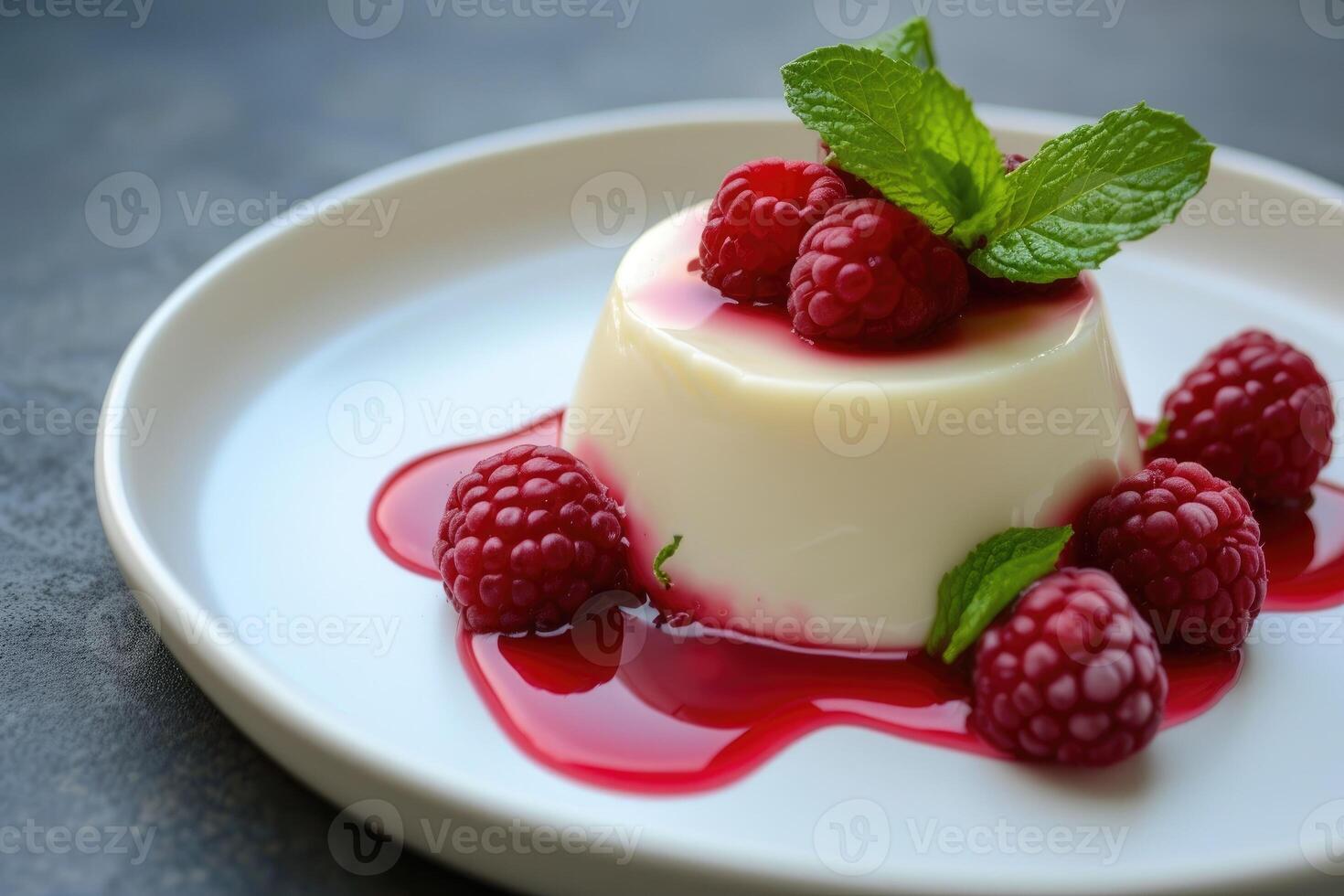 ai generato panna cotta con lamponi salsa e fresco menta. generativo ai foto