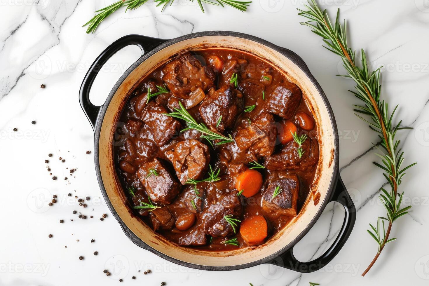 ai generato boeuf bourguignon nel padella su bianca marmo cucina sfondo. generativo ai foto