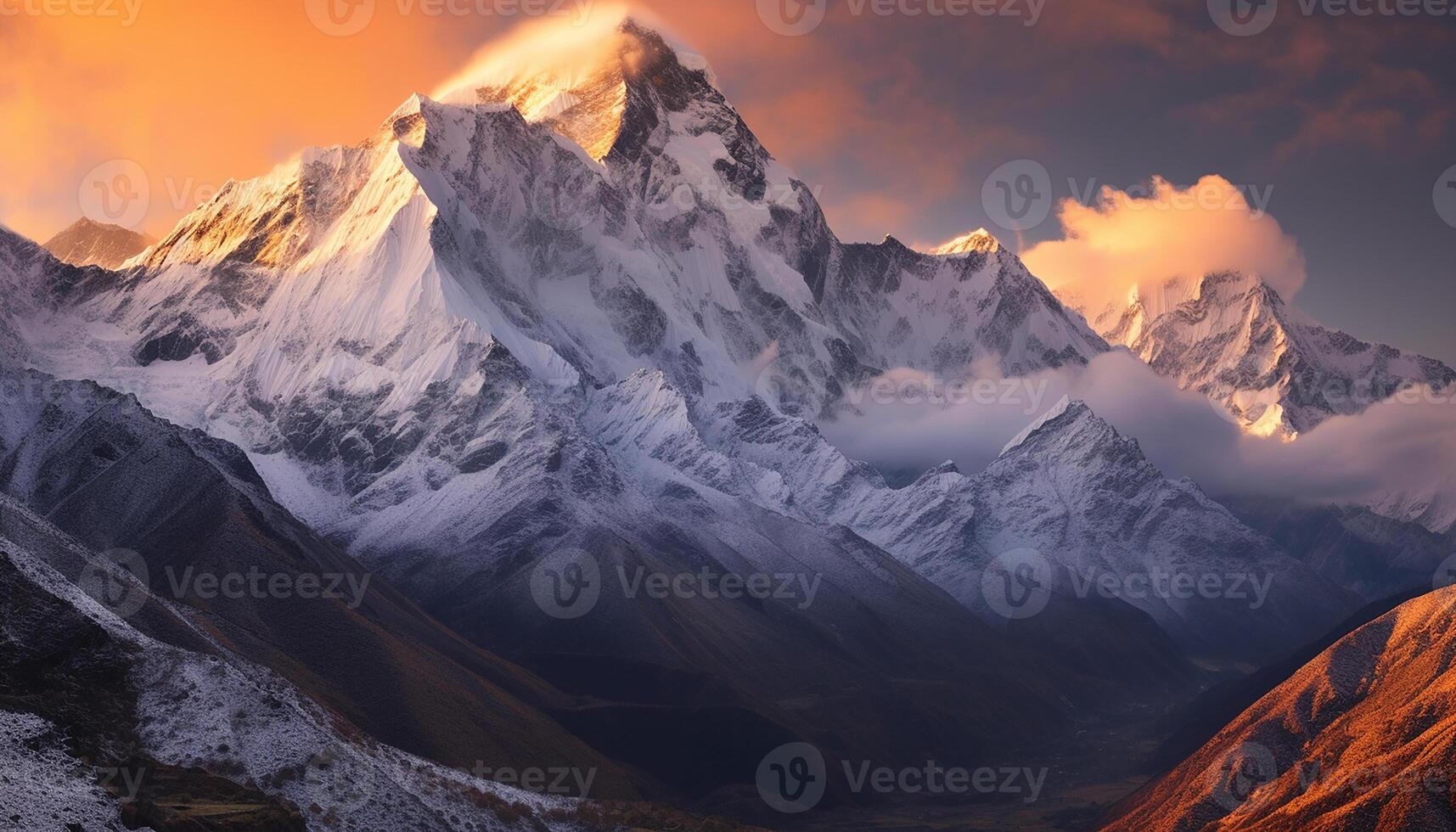 ai generato maestoso montagna picco, neve coperto paesaggio, panoramico tramonto avventura generato di ai foto