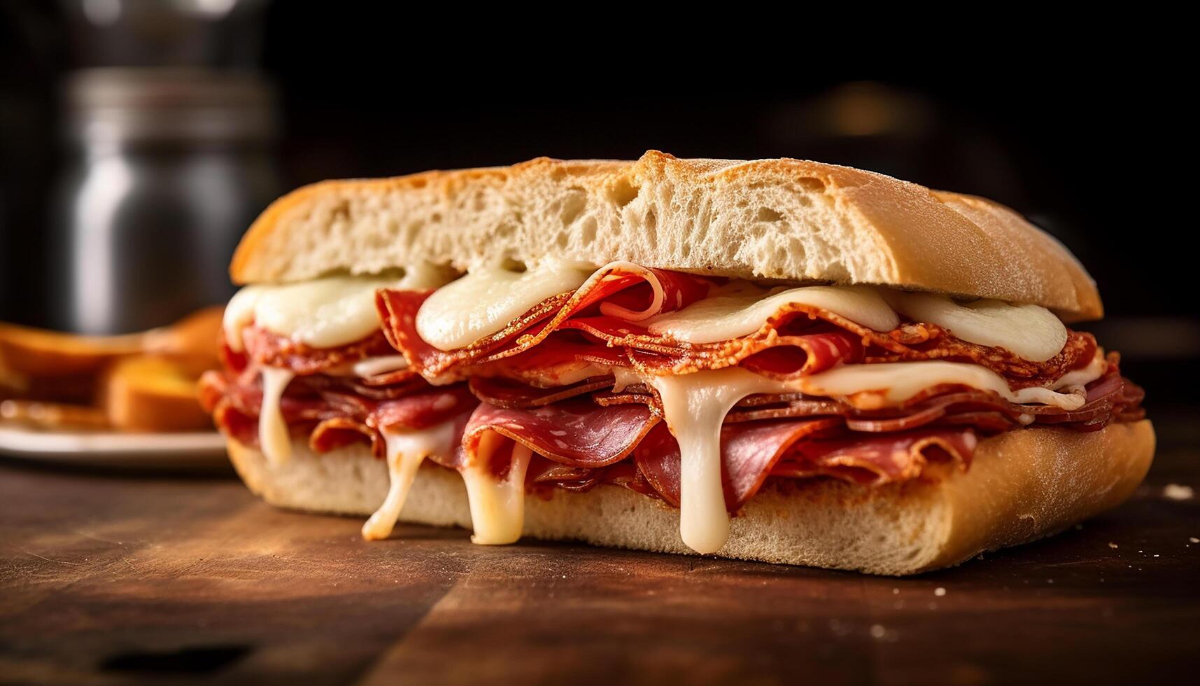 ai generato grigliato Maiale Sandwich su Ciabatta, un' delizioso malsano buongustaio pasto generato di ai foto