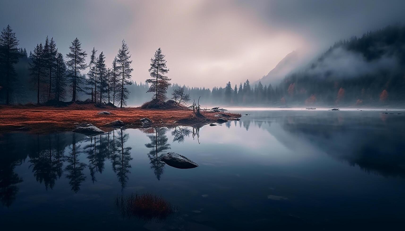 ai generato tranquillo scena foresta, montagna, acqua, riflessione, autunno, inverno, cielo generato di ai foto