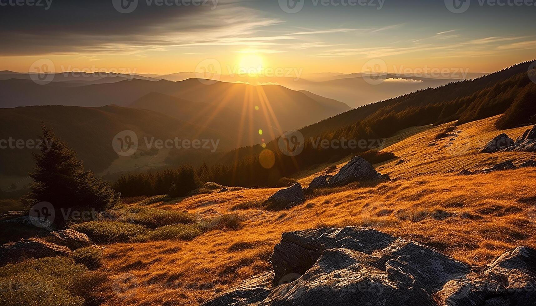 ai generato maestoso montagna picco, tranquillo prato, e sereno Alba generato di ai foto