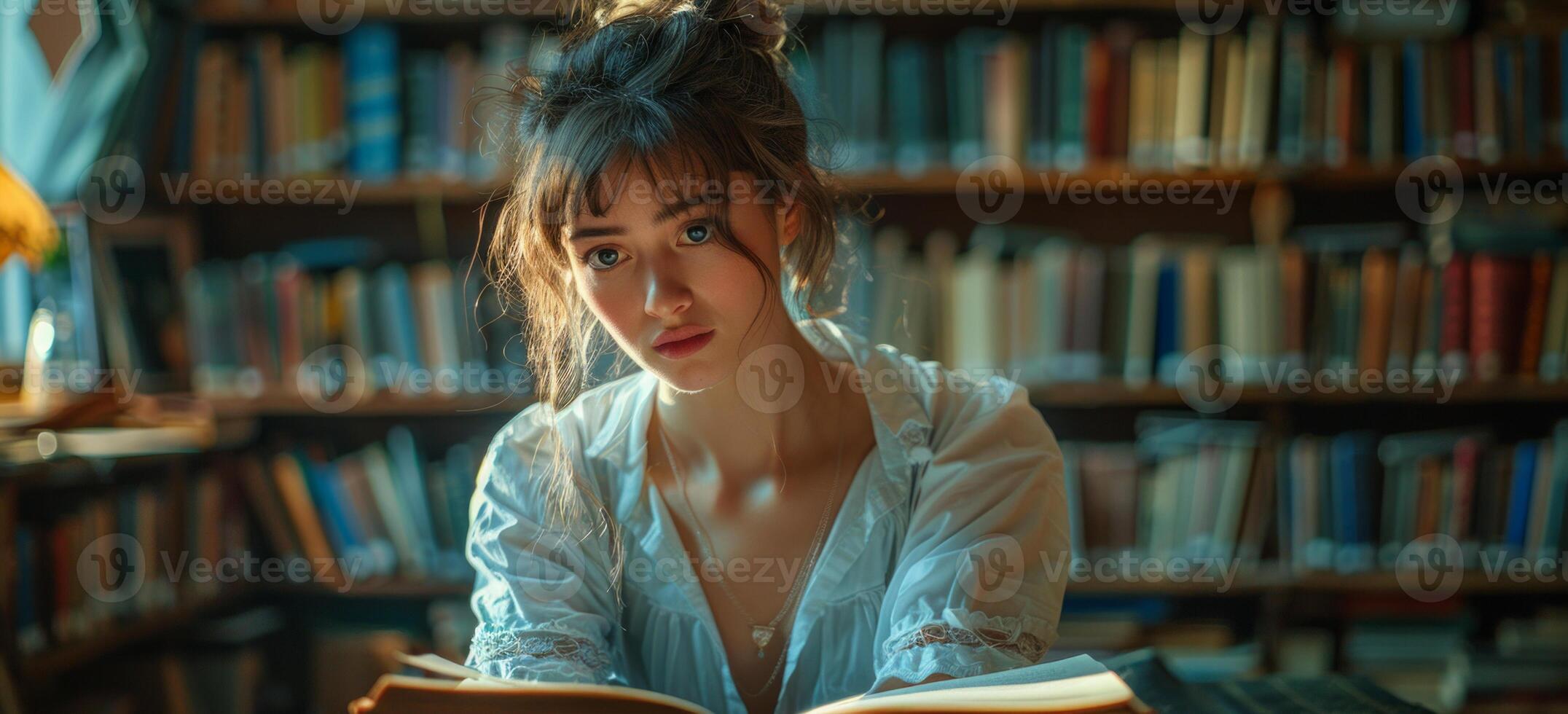 ai generato giovane donna si siede nel biblioteca lettura libro. foto