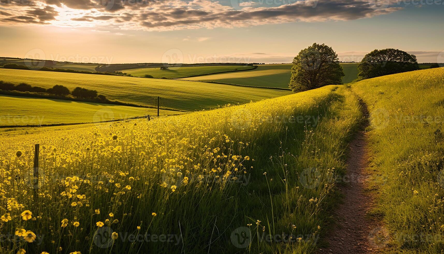 ai generato vivace prato, rotolamento colline, tramonto natura bellezza nel rurale paesaggio generato di ai foto