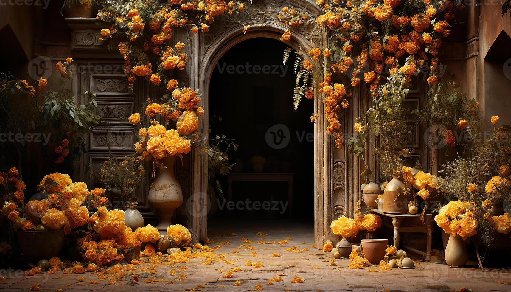 ai generato autunno celebrazione zucca decorazione, candela lanterna, rustico fiore pentola generato di ai foto