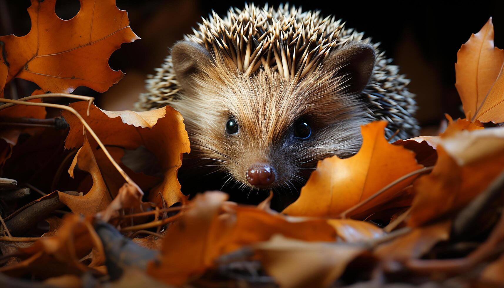 ai generato carino riccio nel autunno foresta, guardare a giallo foglia generato di ai foto