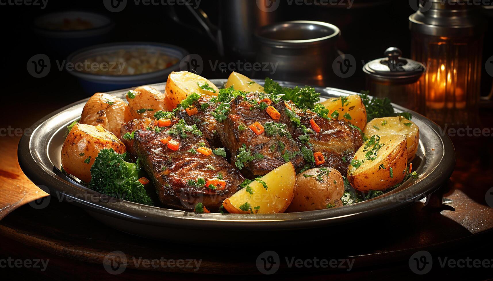 ai generato grigliato carne e verdure su un' rustico di legno piatto generato di ai foto