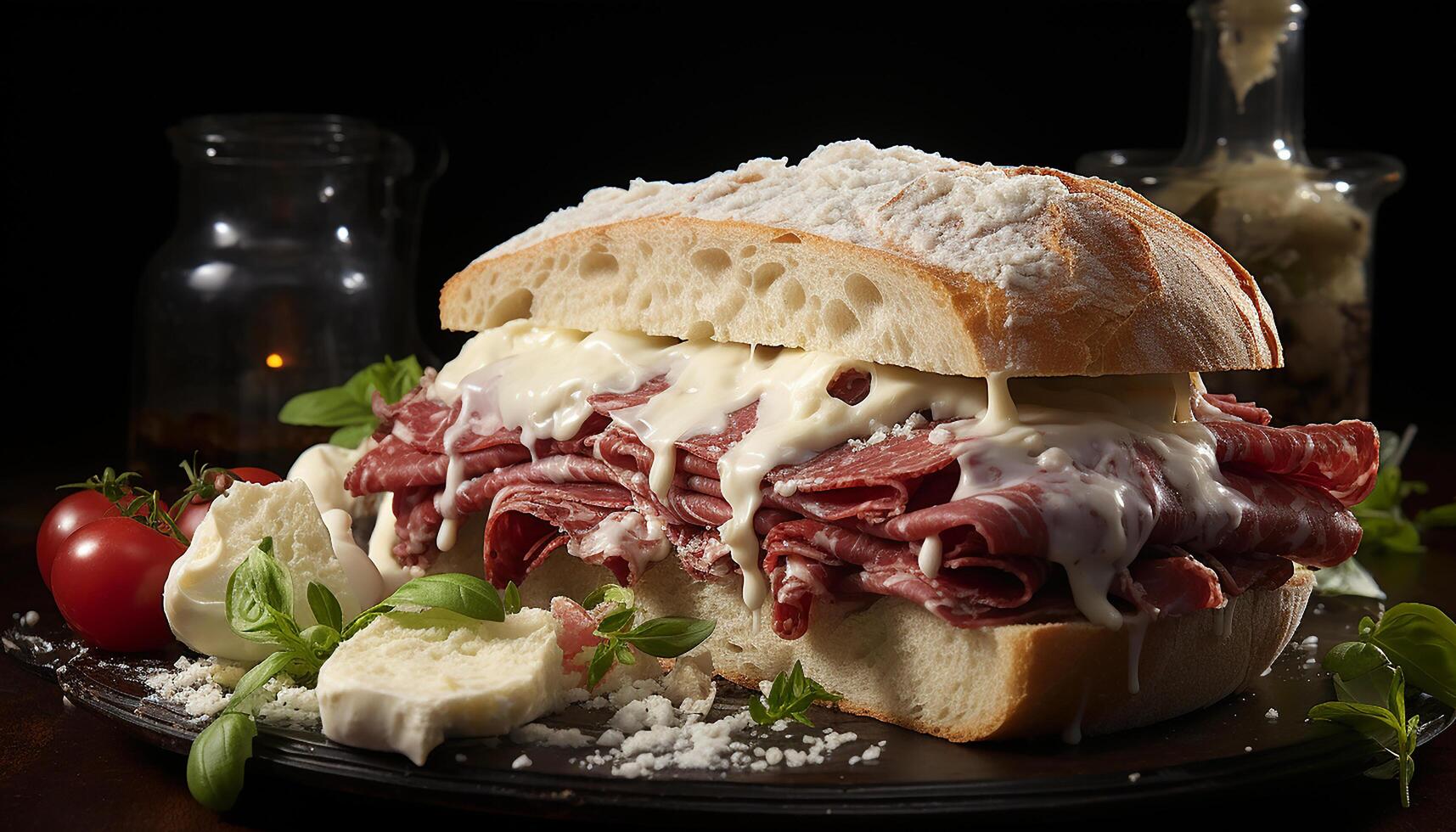 ai generato freschezza e buongustaio nel un' salutare grigliato Maiale Sandwich pasto generato di ai foto