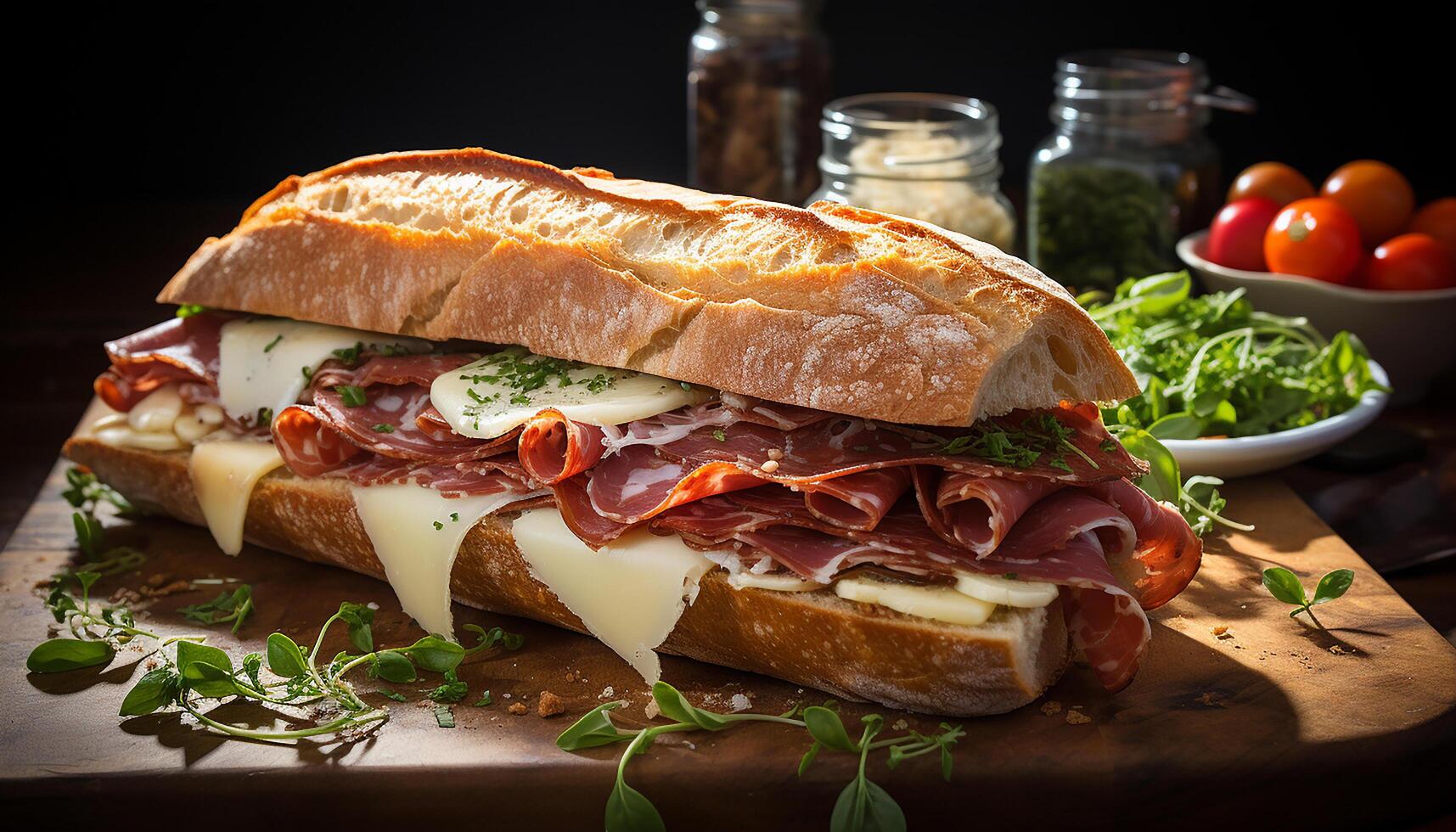 ai generato freschezza su piatto grigliato Maiale, pomodoro, Ciabatta, e insalata generato di ai foto