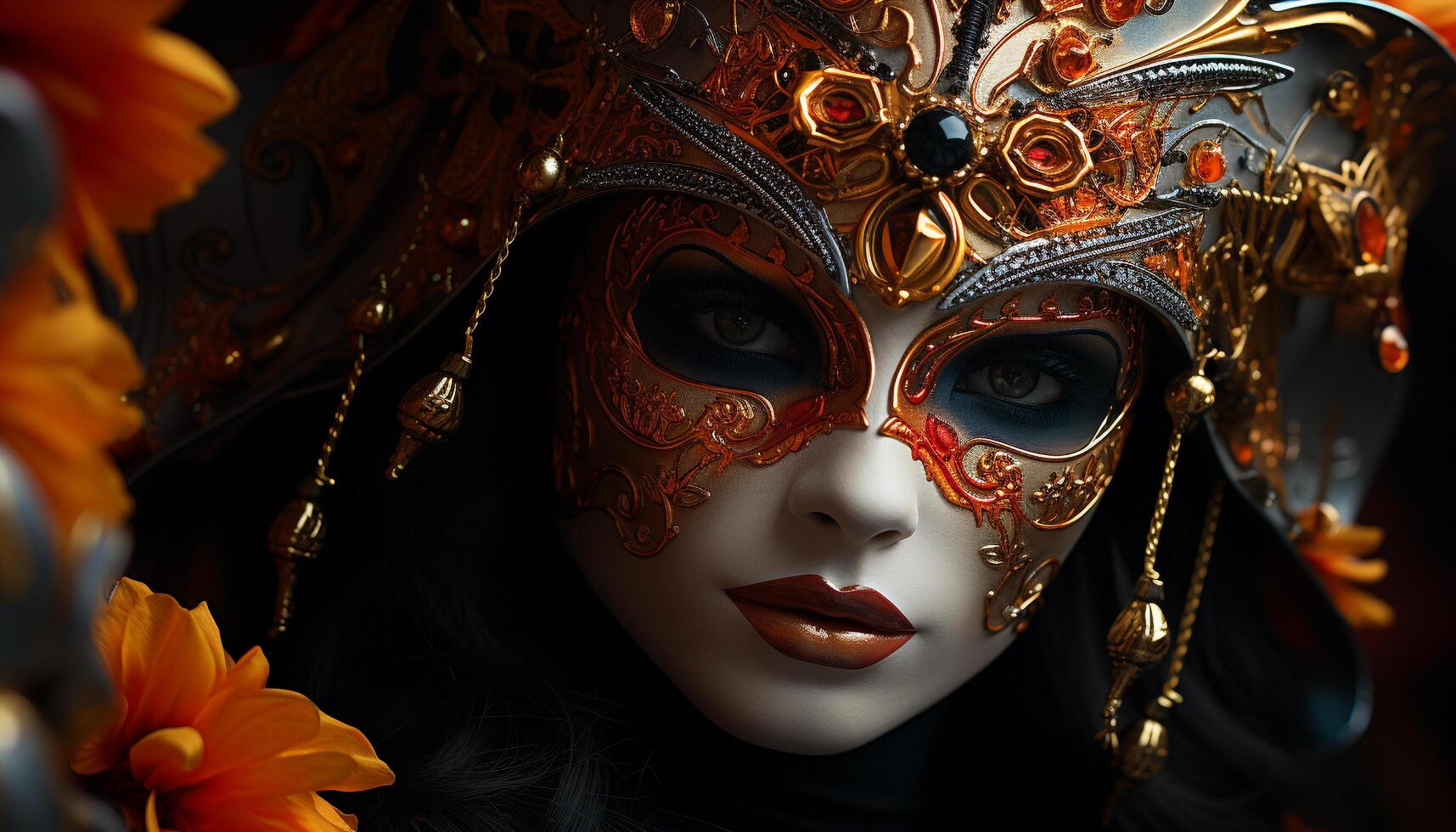 ai generato un' affascinante donna nel un' oro maschera trasuda eleganza generato di ai foto