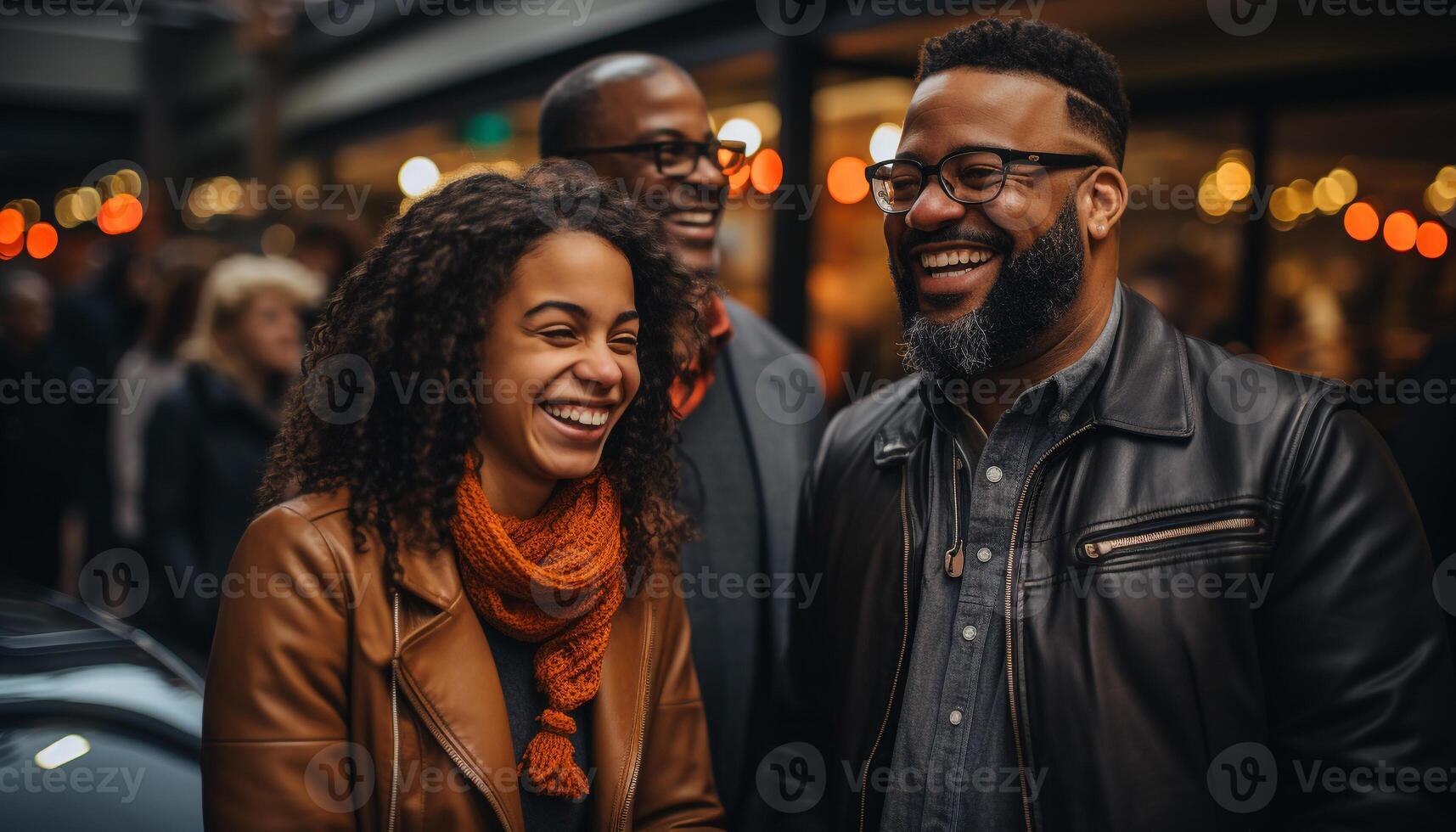 ai generato giovane adulti sorridente, abbracciando, a piedi nel illuminato città a notte generato di ai foto