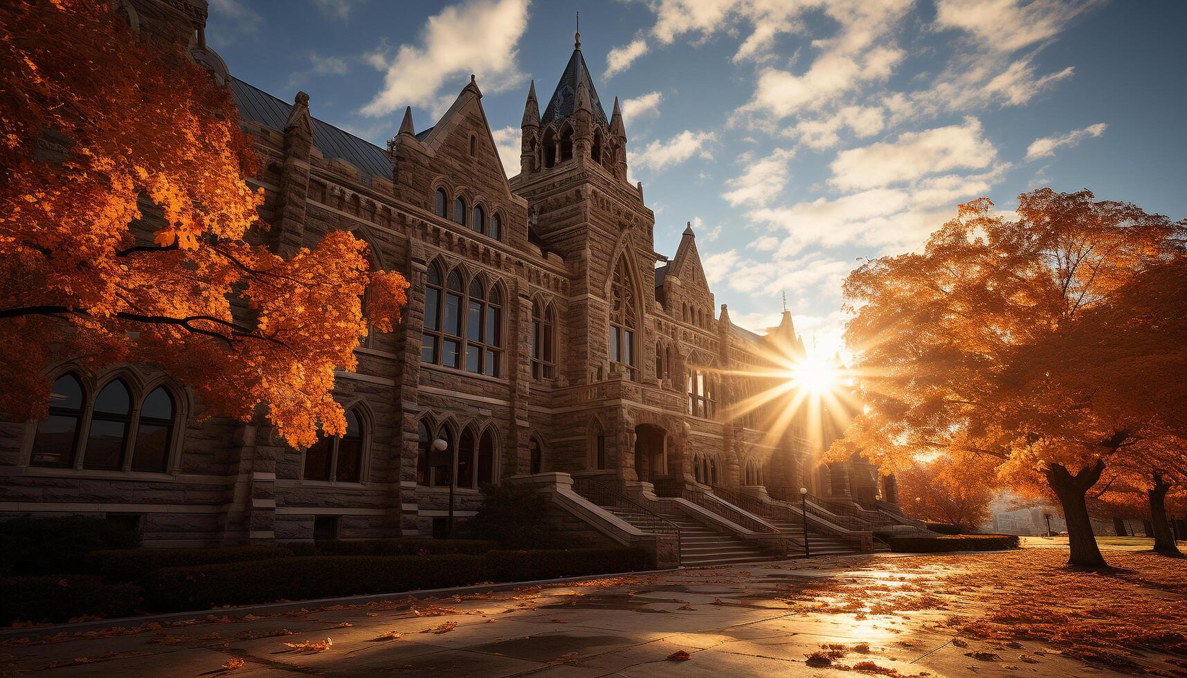 ai generato famoso Gotico Cattedrale si illumina città orizzonte nel autunno tramonto generato di ai foto