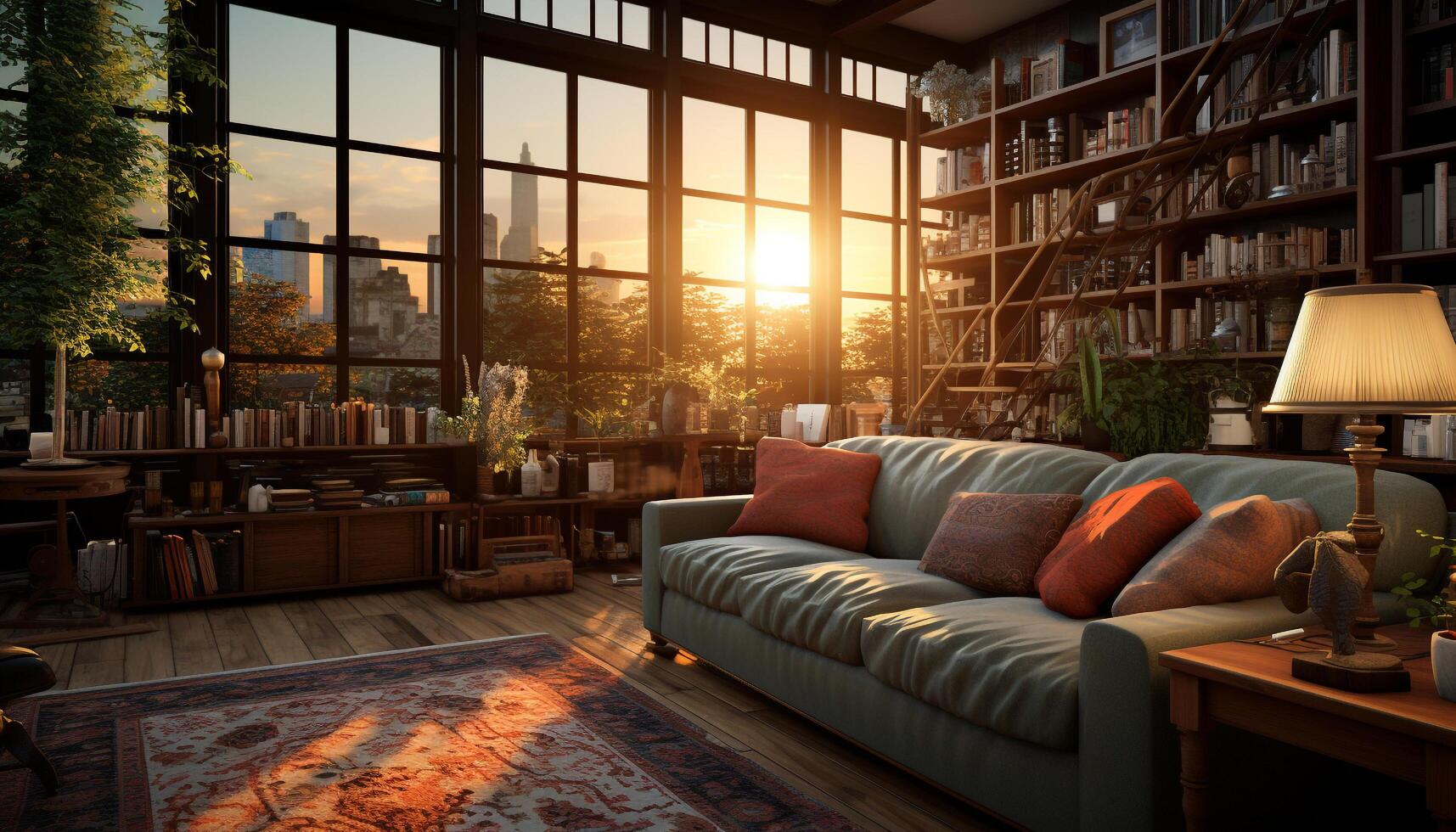 ai generato moderno appartamento con confortevole divano, elegante libreria, e luminosa illuminazione generato di ai foto