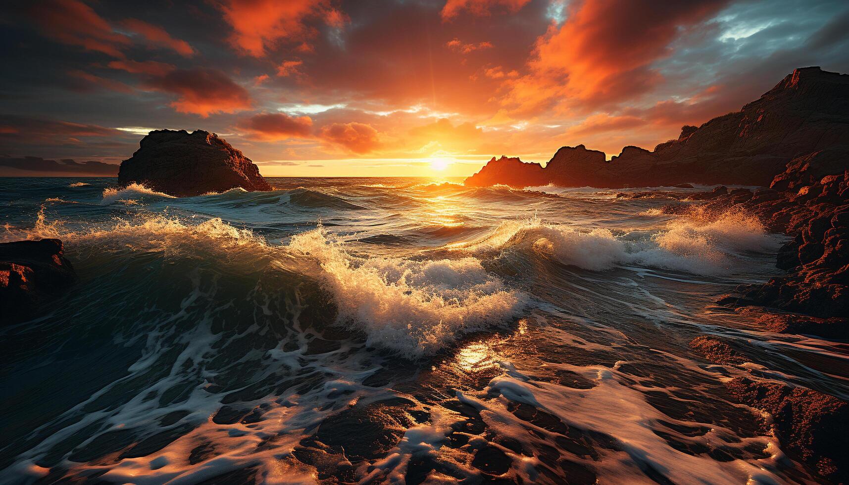 ai generato tramonto al di sopra di il acqua, natura bellezza riflessa nel tranquillo onde generato di ai foto