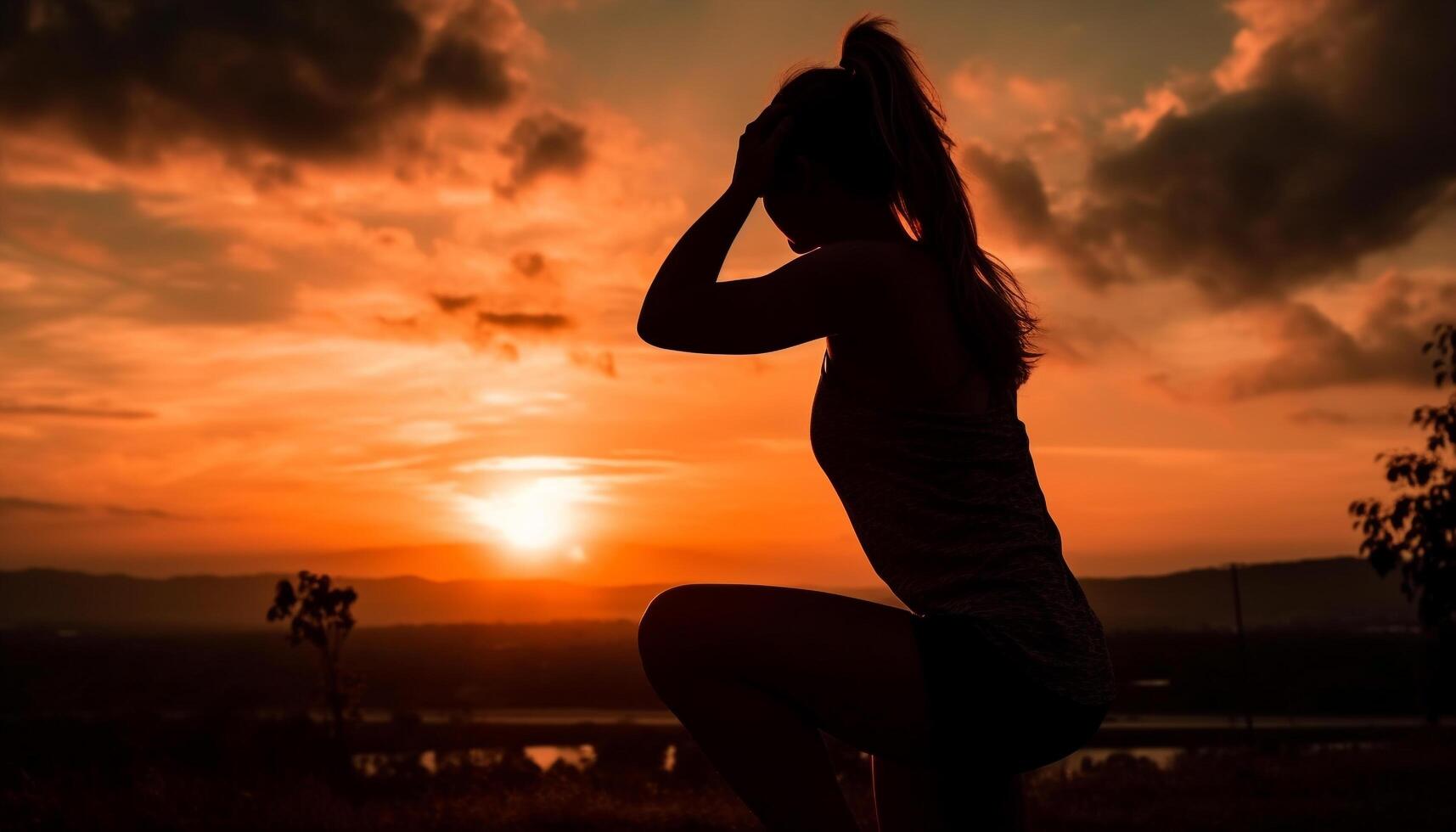 ai generato uno giovane donna esercizio all'aperto a tramonto, godendo la tranquillità generato di ai foto