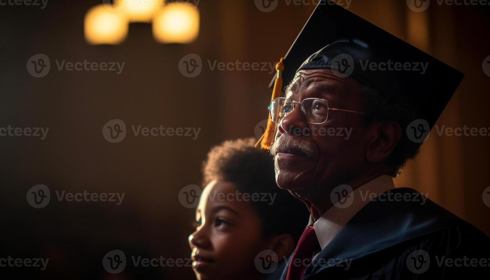 ai generato africano padre e figlio studiando, festeggiare successo, guardare su generato di ai foto